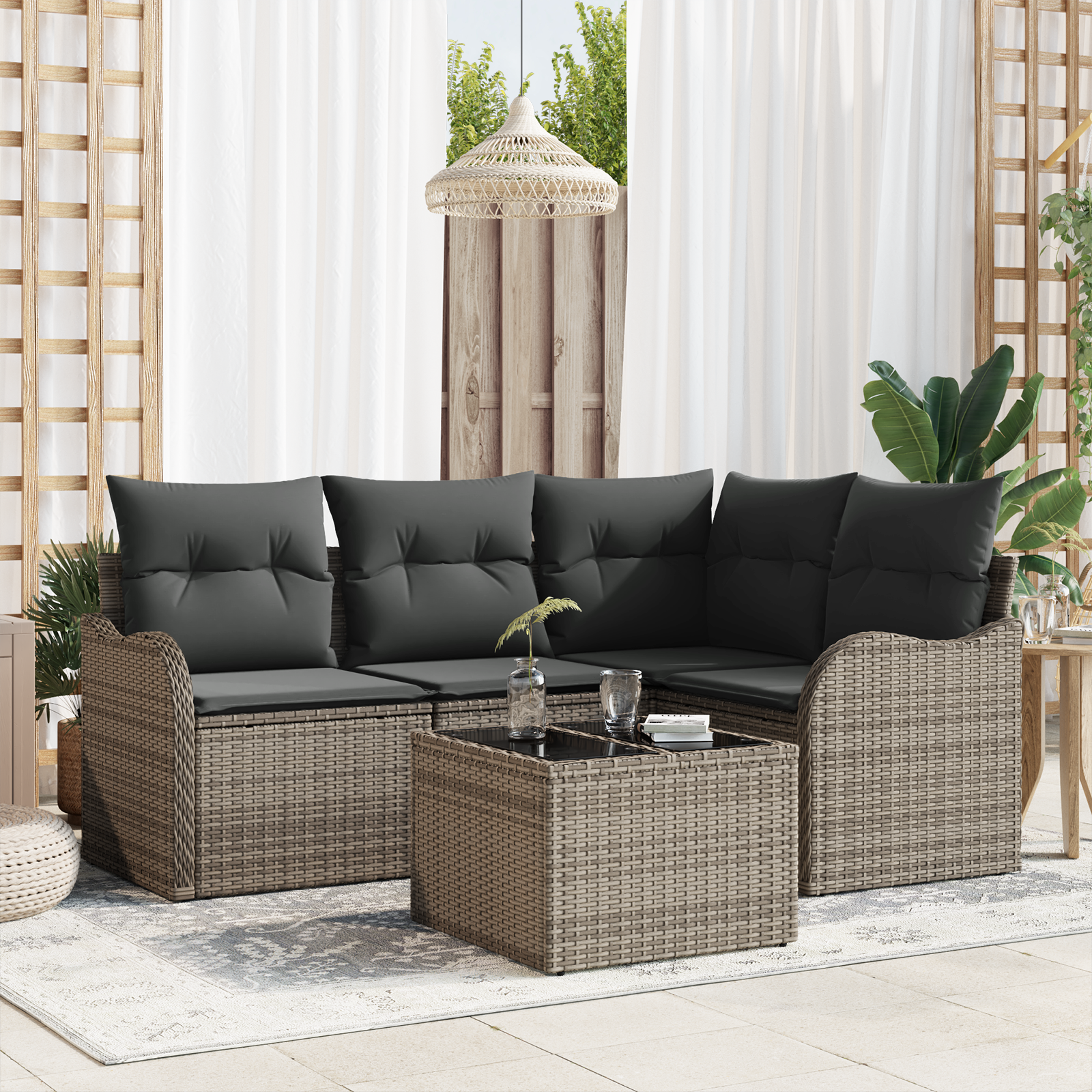 4-teiliges Garten Sofa Set mit Kissen Schwarzes Poly Rattan