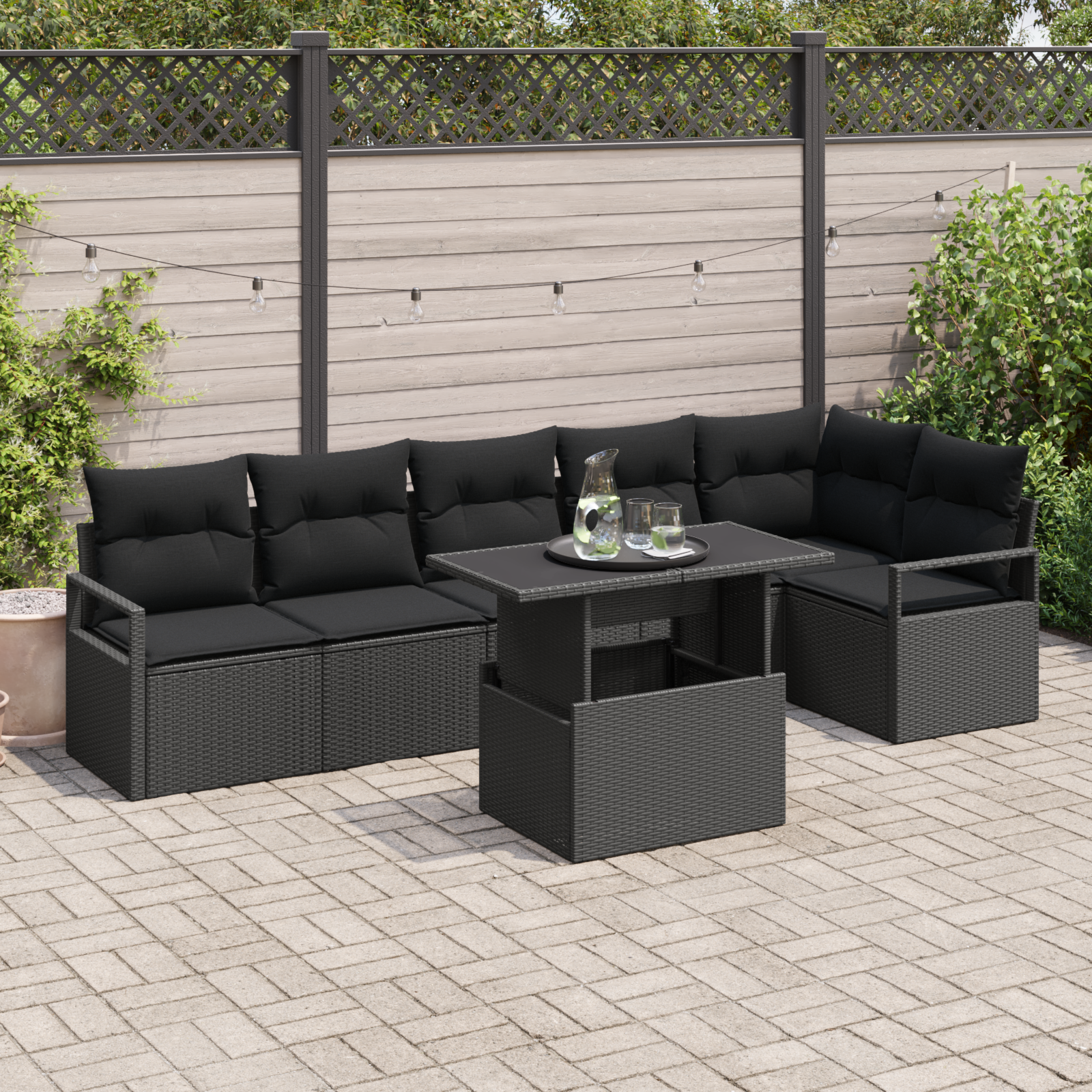 7-teilige Garten Sofa Set mit Kissen Schwarz Poly Rattan 7-teilige Garten Sofa Set mit Kissen Schwarz Poly Rattan