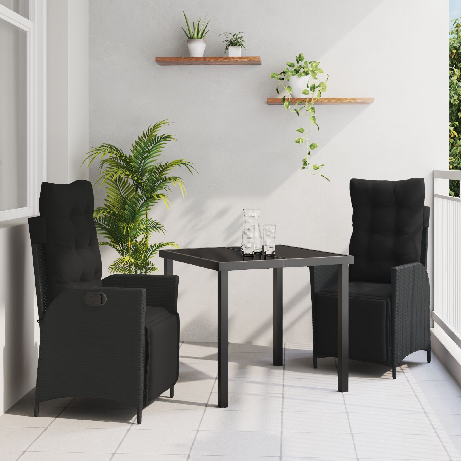 3-teiliges Garten-Esstisch-Set aus schwarzem Poly-Rattan 3-teiliges Garten-Esstisch-Set aus schwarzem Poly-Rattan