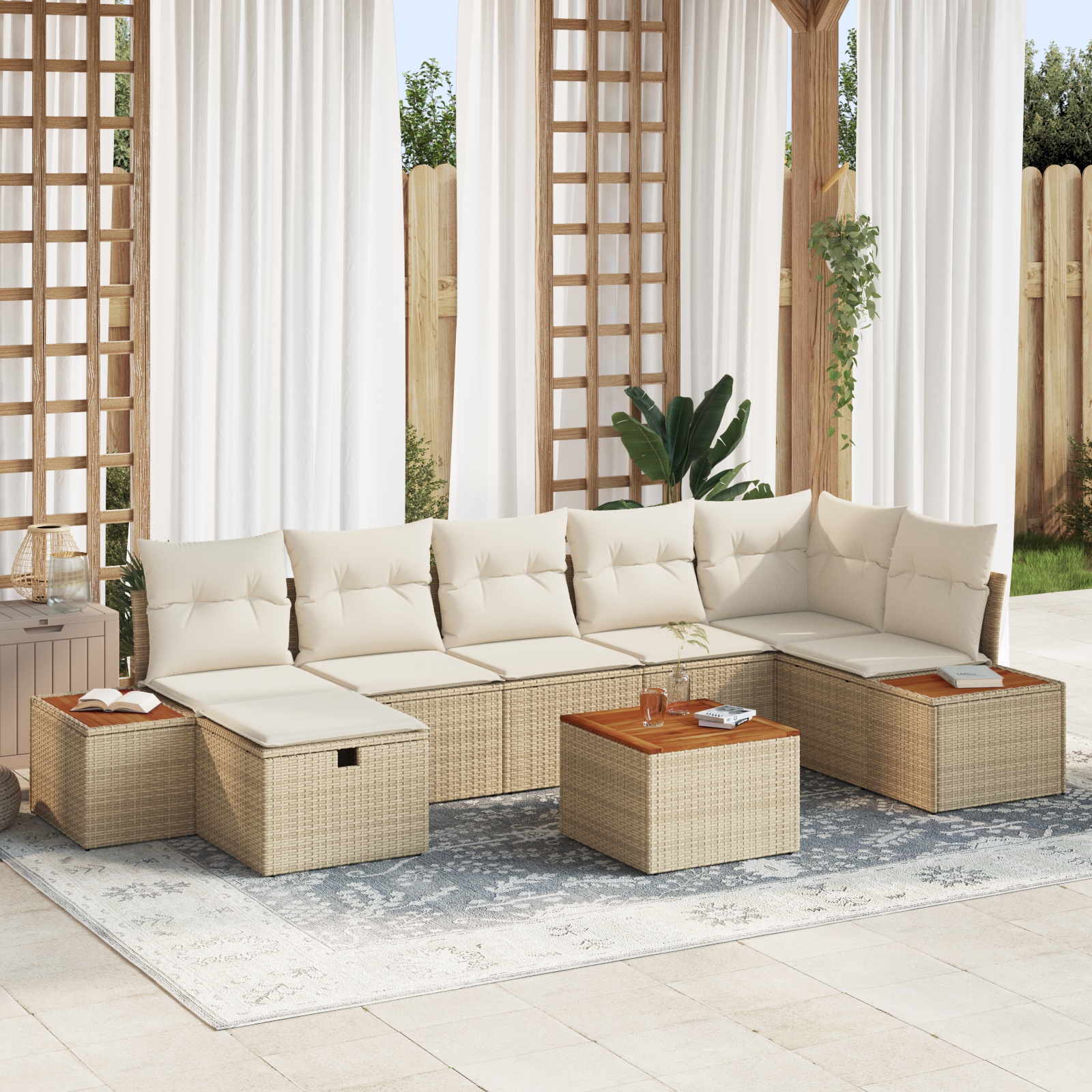 8-teiliges Garten Sofa Set mit Kissen in Beige Poly-Rattan 8-teiliges Garten Sofa Set mit Kissen in Beige Poly-Rattan