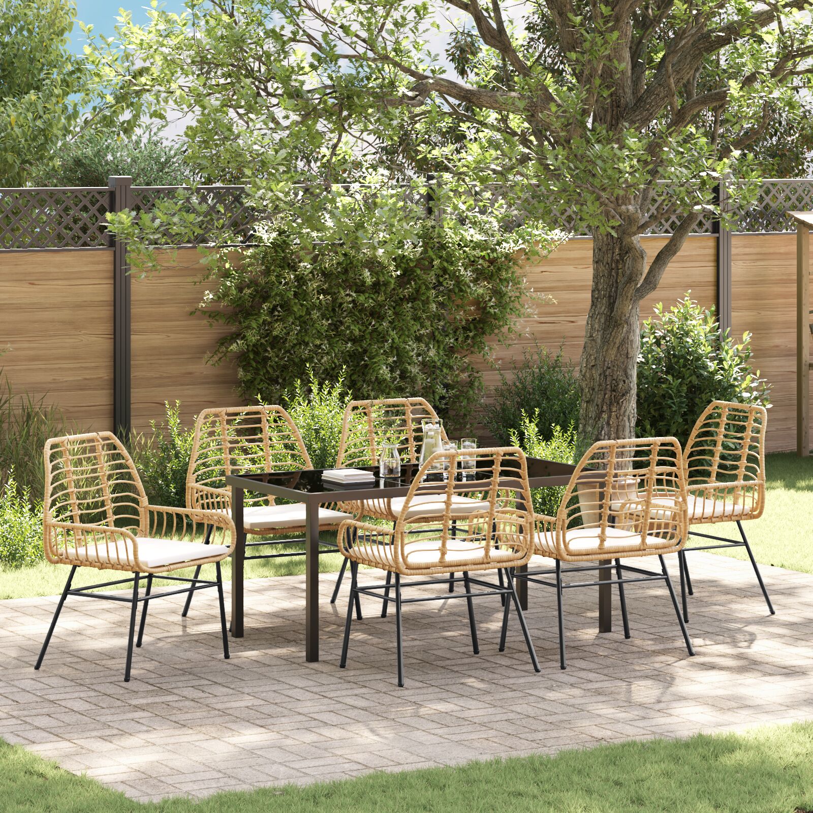 7-teiliges Garten-Essset mit Polstern Braun Poly-Rattan