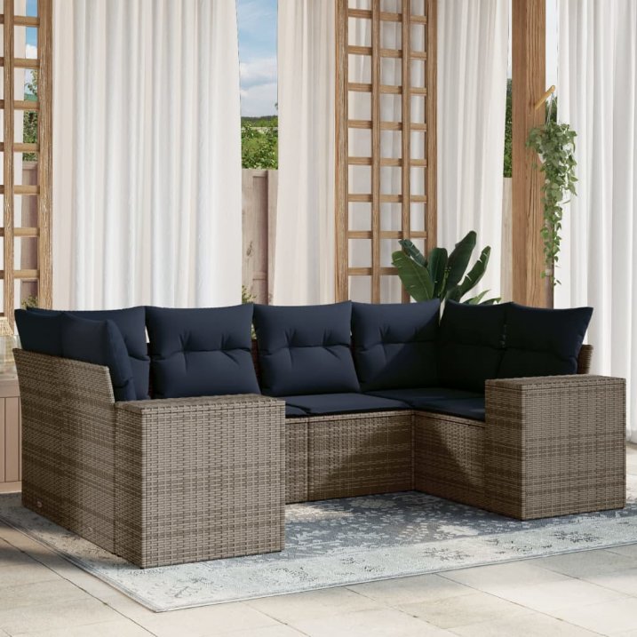 6-teiliges Gartensofa-Set mit Kissen, grau, Polyrattan 6-teiliges Gartensofa-Set mit Kissen, grau, Polyrattan
