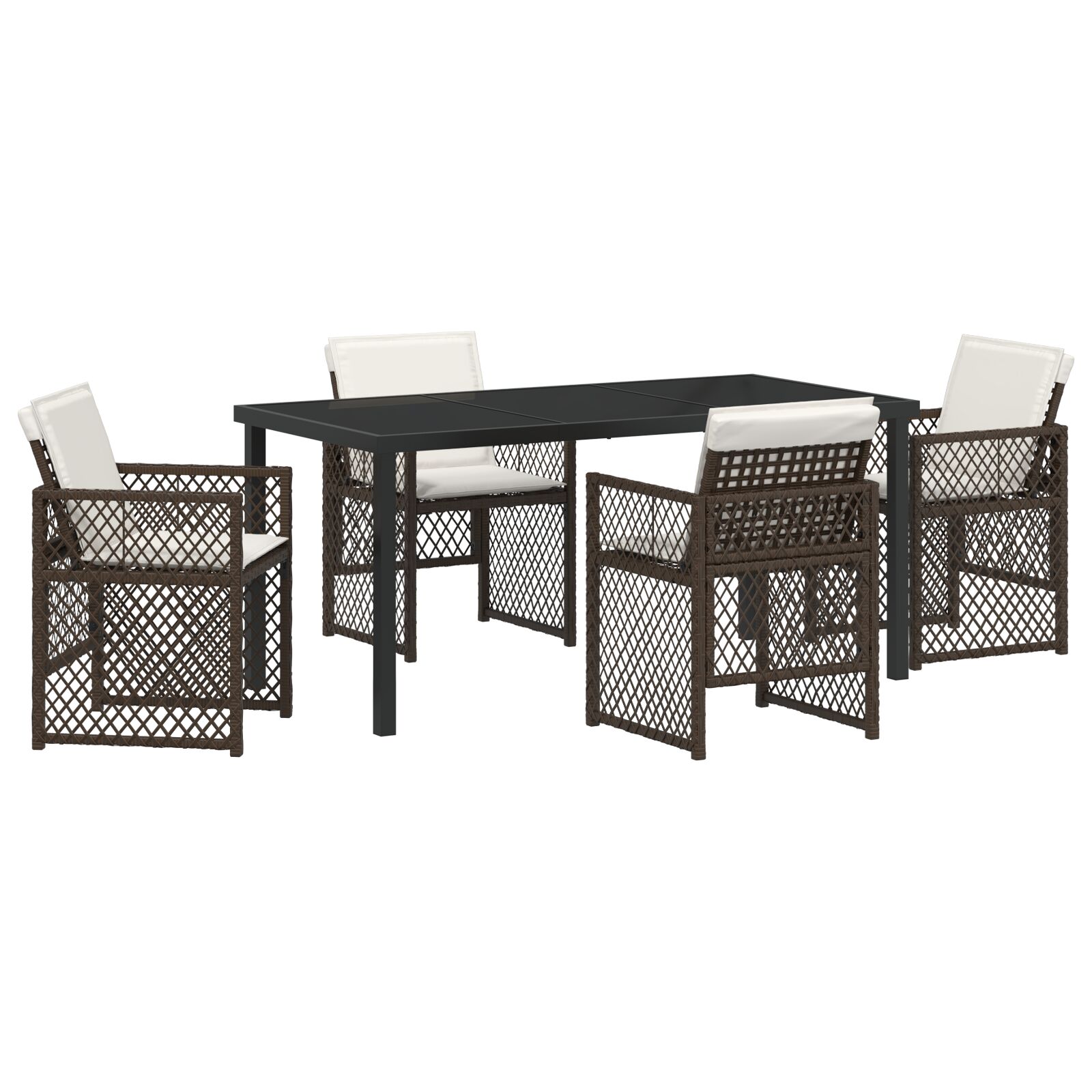 5-teiliges Garten Essset mit Kissen Braunes Poly Rattan, Gartentisch Schwarz 160x80x73 cm Tempered Glass