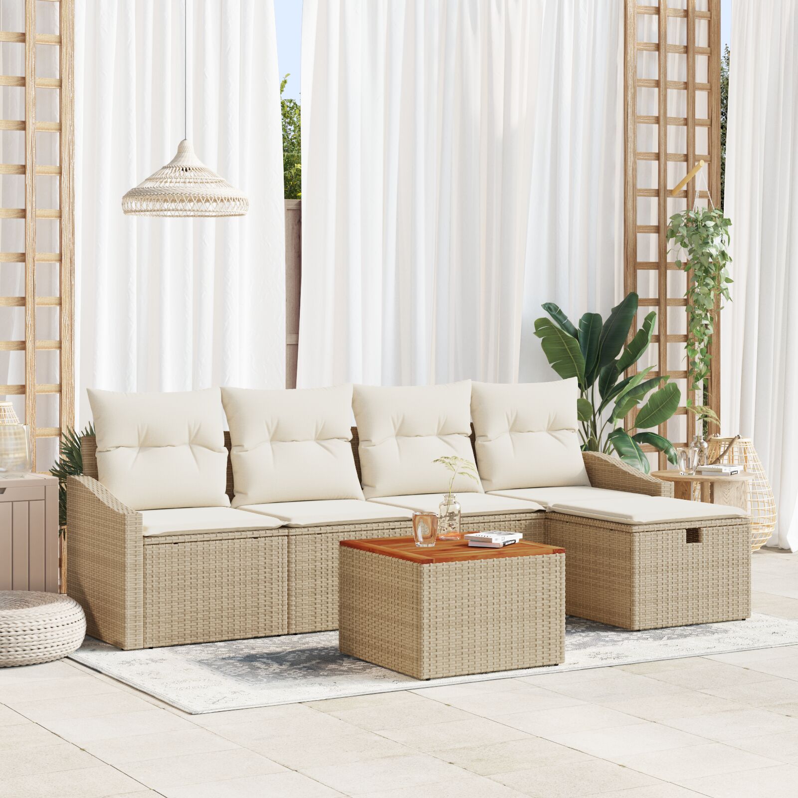 6-teilige Garten Sofa Set mit Kissen Beige Poly Rattan 6-teilige Garten Sofa Set mit Kissen Beige Poly Rattan