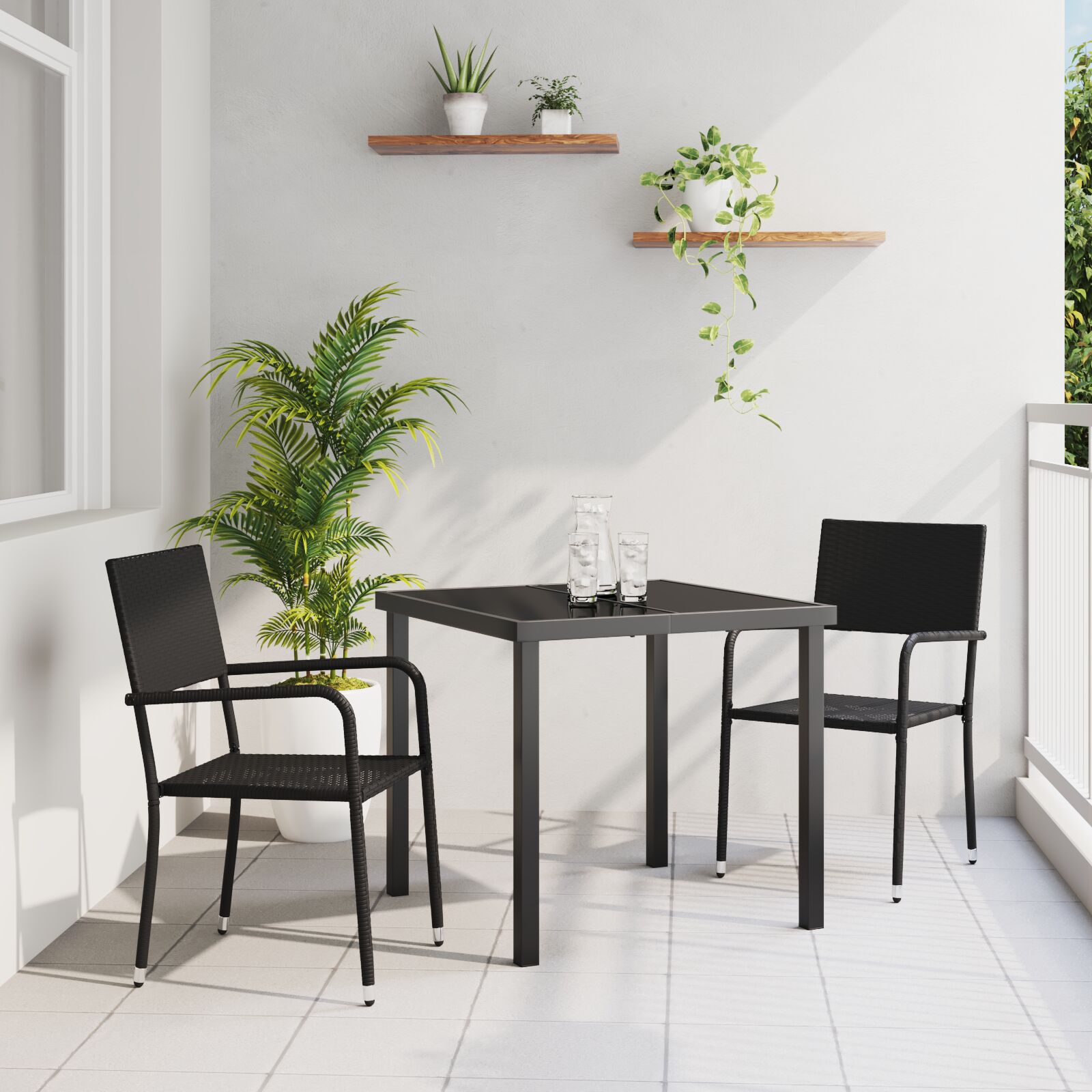 3-teiliges Garten Essset Schwarz Poly-Rattan