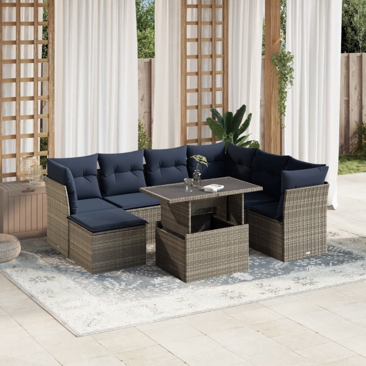 8-teiliges Gartensofa-Set mit Kissen, grau, Polyrattan 8-teiliges Gartensofa-Set mit Kissen, grau, Polyrattan