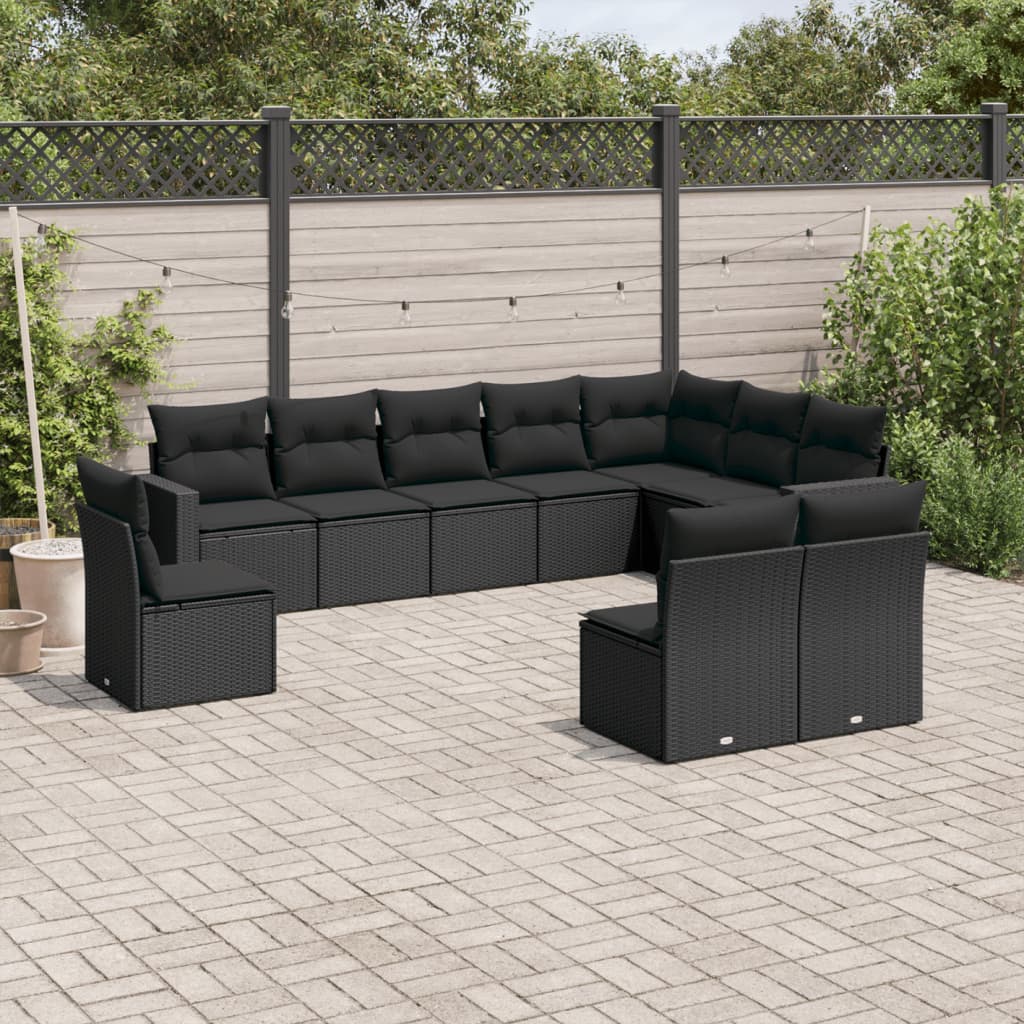 10-tlg. Garten-Sofagarnitur mit Kissen Schwarz Poly Rattan 10-tlg. Garten-Sofagarnitur mit Kissen Schwarz Poly Rattan