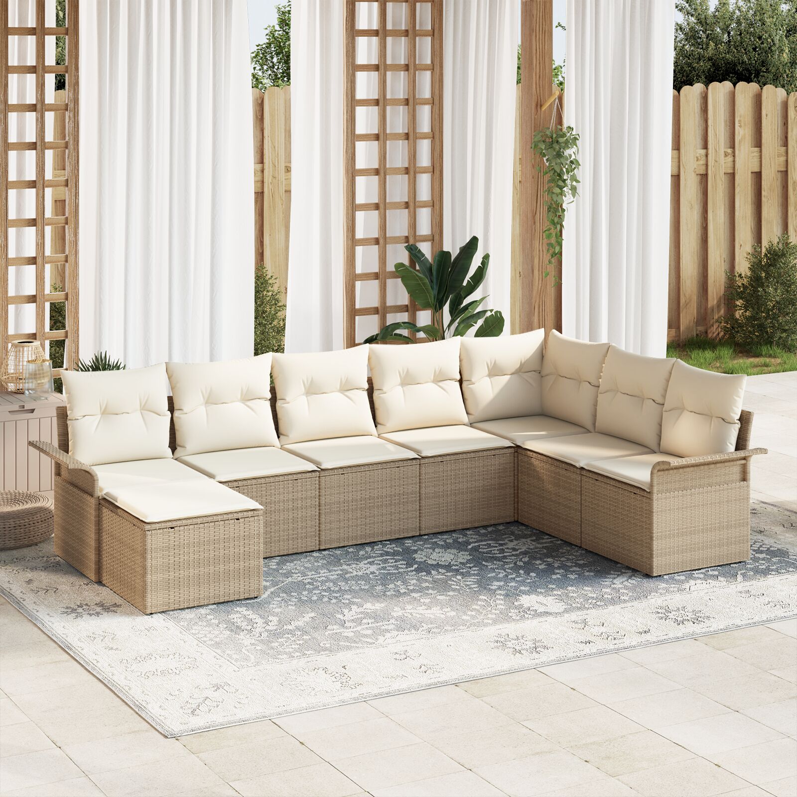 8-teiliges Garten-Sofa-Set mit Kissen, Beige Poly-Rattan 8-teiliges Garten-Sofa-Set mit Kissen, Beige Poly-Rattan