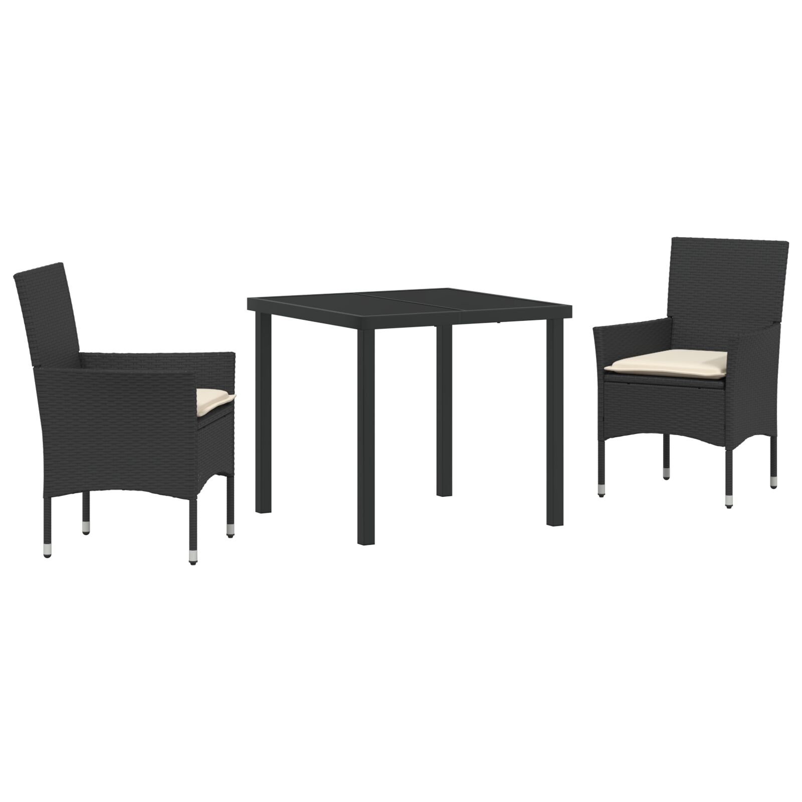 3-teiliges Garten Essset mit Kissen Schwarz Poly Rattan, Gartentisch Schwarz 80x80x73 cm Temperiertes Glas 3-teiliges Garten Essset mit Kissen Schwarz Poly Rattan, Gartentisch Schwarz 80x80x73 cm Temperiertes Glas