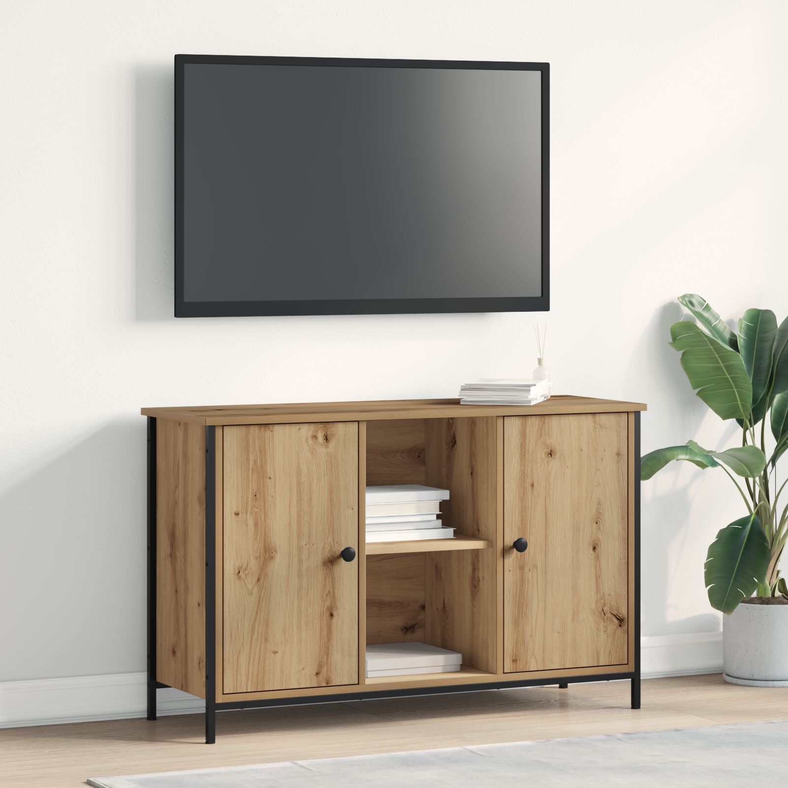 vidaXL TV-Schrank Schwarz Eiche 101x35x65 cm Engineered Wood und Stahl