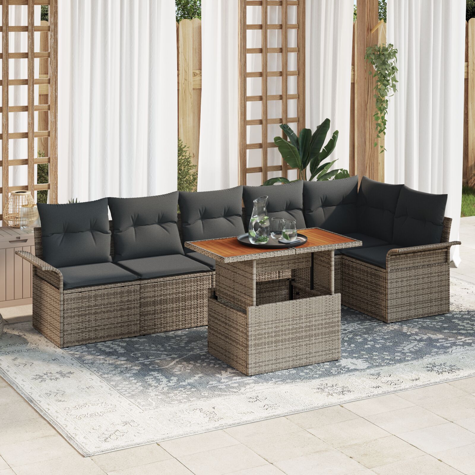 vidaXL Garten-Sofa-Set 7-teilig Grau Poly-Rattan, Sicherheitsglas