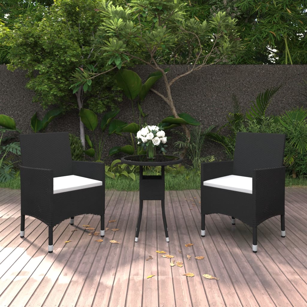 3-tlg. Garten-Essgruppe Poly Rattan Schwarz 3-tlg. Garten-Essgruppe Poly Rattan Schwarz