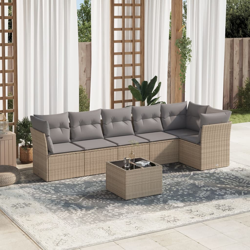 7-tlg. Garten-Sofagarnitur mit Kissen Beige Poly Rattan