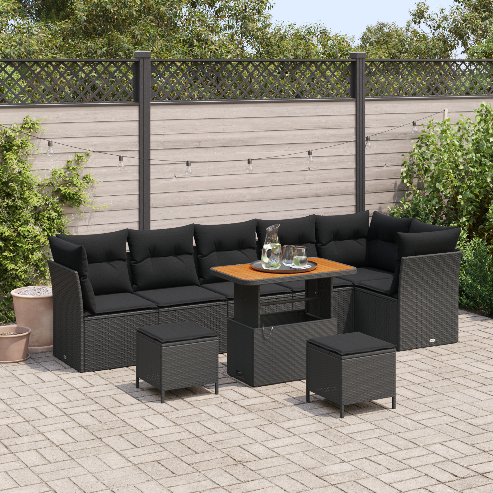 9-teiliges Gartensofa-Set mit Kissen Schwarz Poly-Rattan Akazie 9-teiliges Gartensofa-Set mit Kissen Schwarz Poly-Rattan Akazie