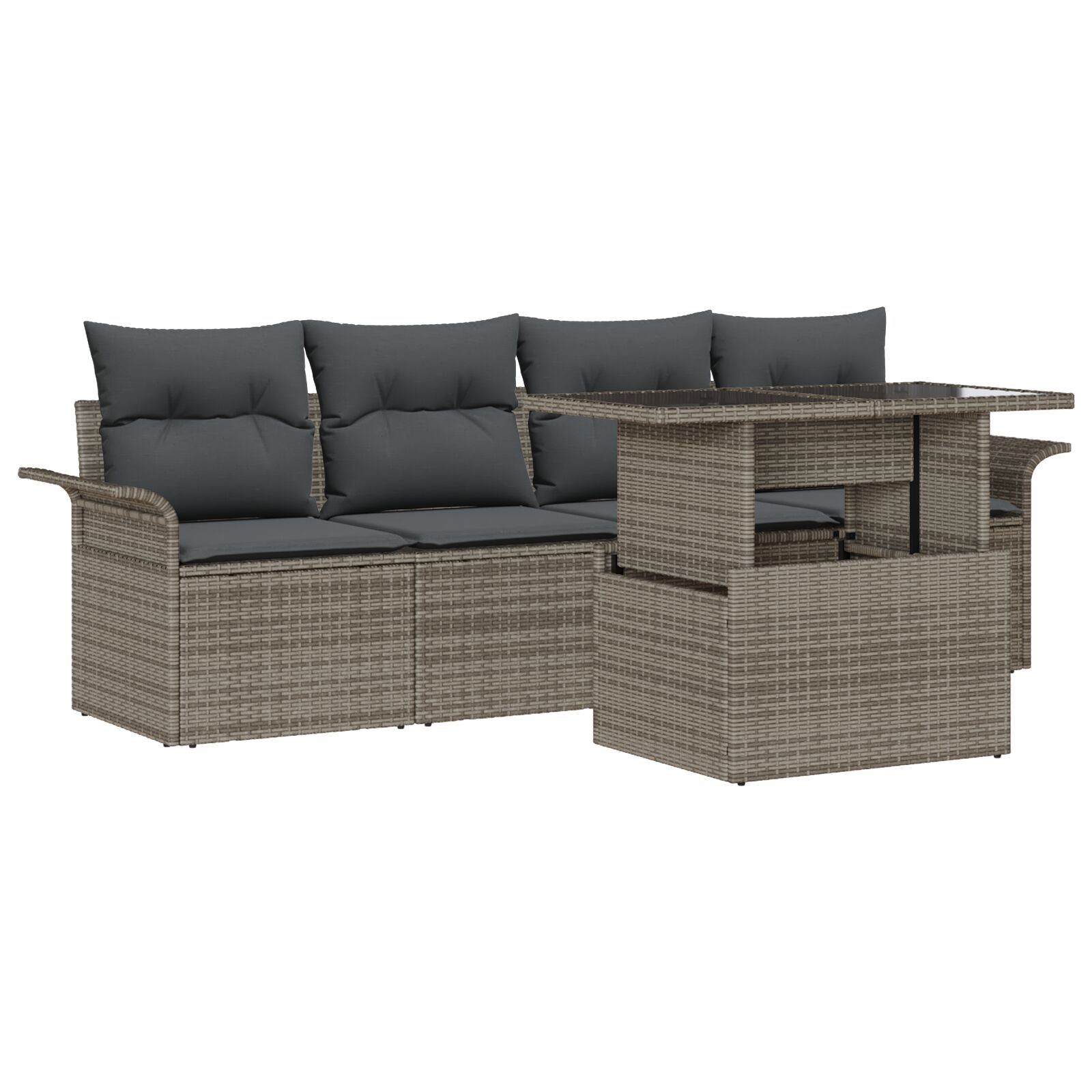5-teiliges Garten-Sofa-Set mit Kissen Grau Poly-Rattan, 2-Sitzer Garten-Sofa mit Stauraum & Kissen Grau Poly-Rattan