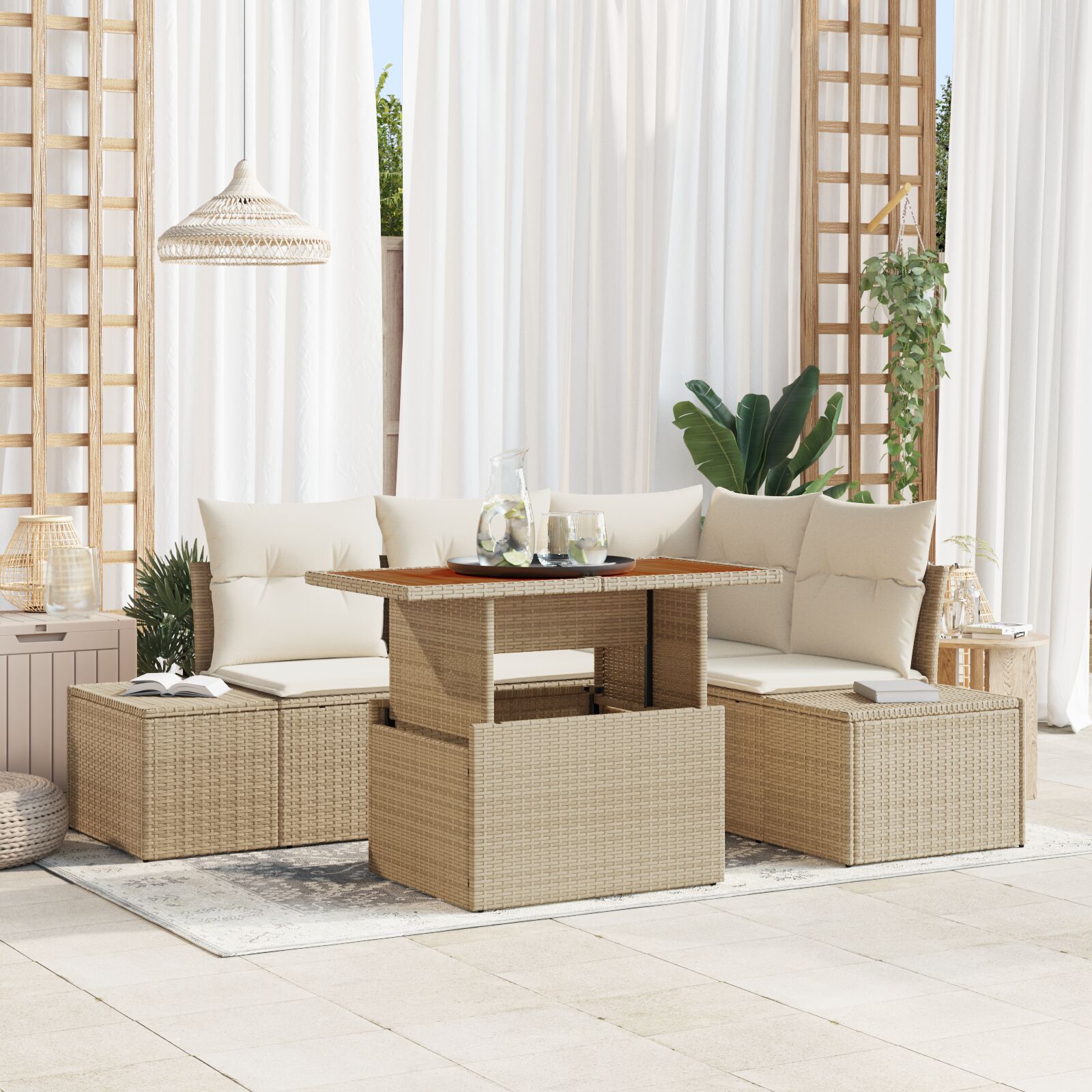 5-teiliges Garten Esszimmer Set mit Kissen Beige Poly Rattan Akazie 5-teiliges Garten Esszimmer Set mit Kissen Beige Poly Rattan Akazie