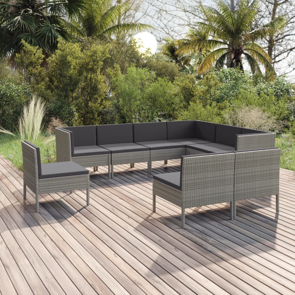 9-tlg. Garten-Lounge-Set mit Auflagen Poly Rattan Grau 9-tlg. Garten-Lounge-Set mit Auflagen Poly Rattan Grau