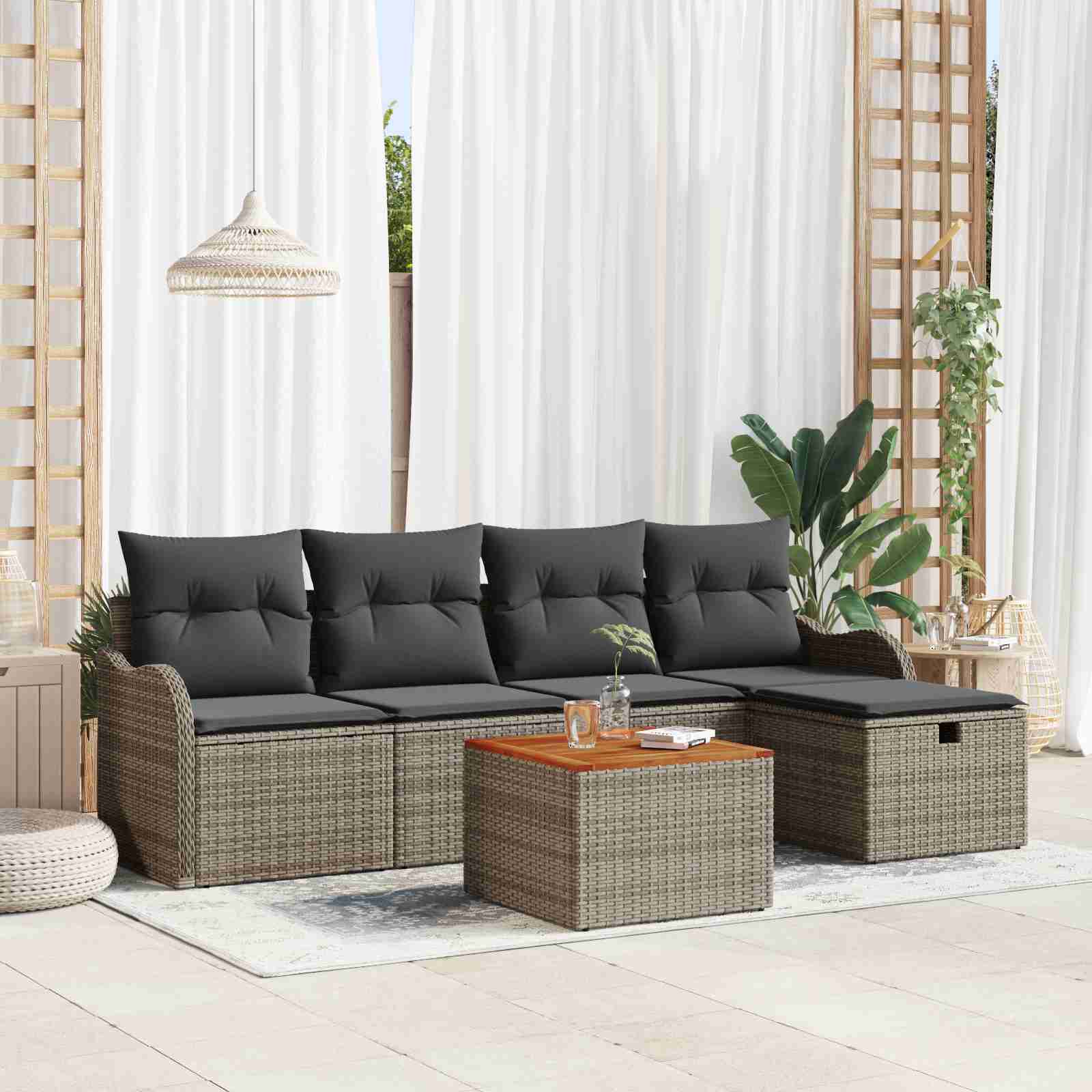 6-teiliges Garten Sofa Set mit Kissen Grau Poly Rattan