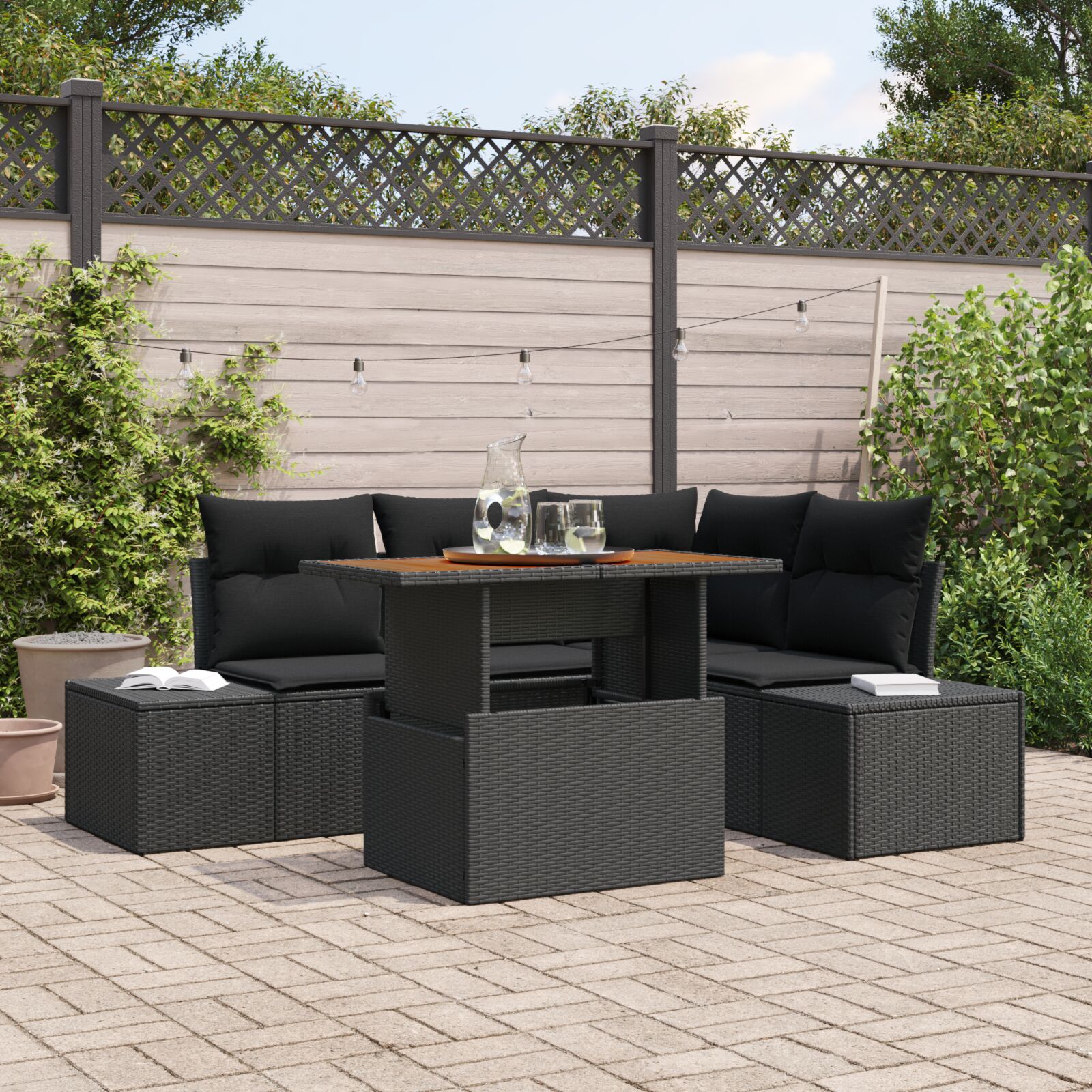 5-teiliges Garten-Ess-Set mit Kissen Schwarz Poly-Rattan Akazie 5-teiliges Garten-Ess-Set mit Kissen Schwarz Poly-Rattan Akazie