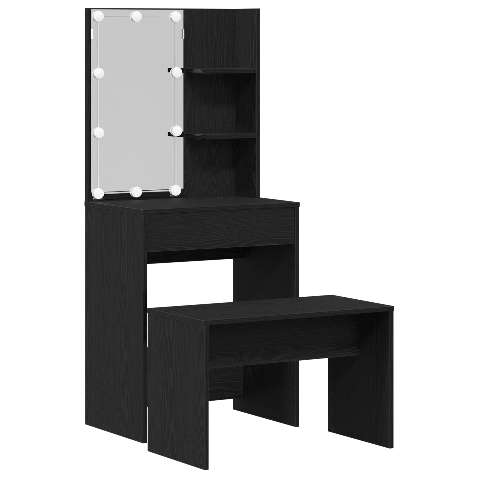 Schminktisch-Set mit LED Schwarze Eiche Holzwerkstoff, LED Schminktisch in Schwarzer Eiche, 60x40x140 cm, aus Holzwerkstoff, Schminkhocker Schwarze Eiche 70x35x45 cm Holzwerkstoff