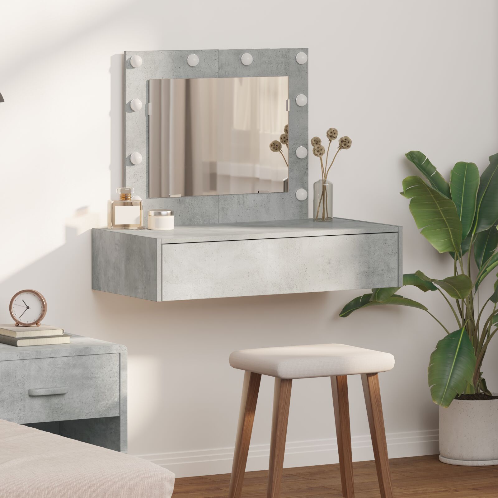 vidaXL Wandmontierter Schminktisch mit LED-Lichtern Betongrau
