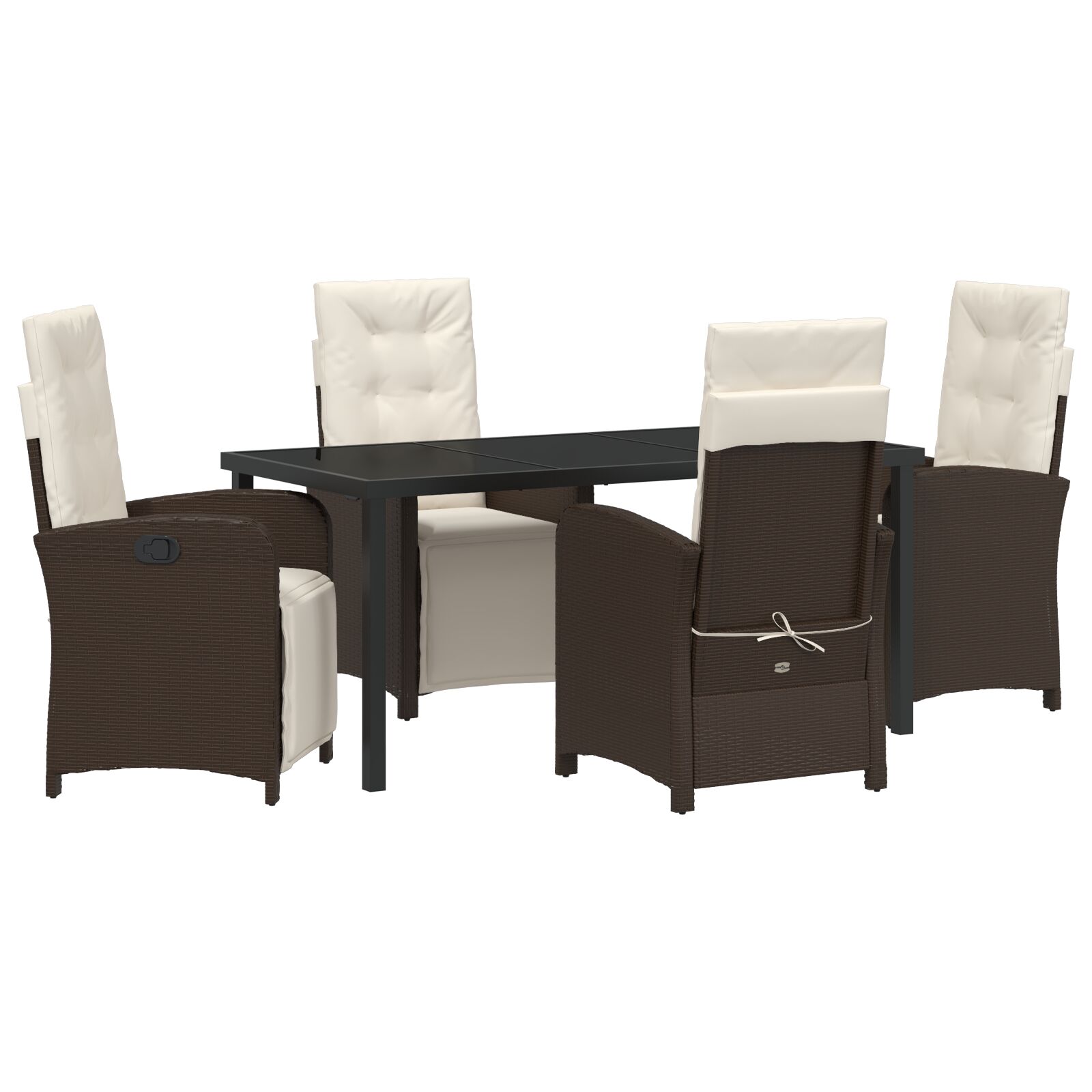 5-teiliges Garten Essgruppe mit Kissen, Braunes Poly Rattan, Gartentisch Schwarz 160x80x73 cm, gehärtetes Glas