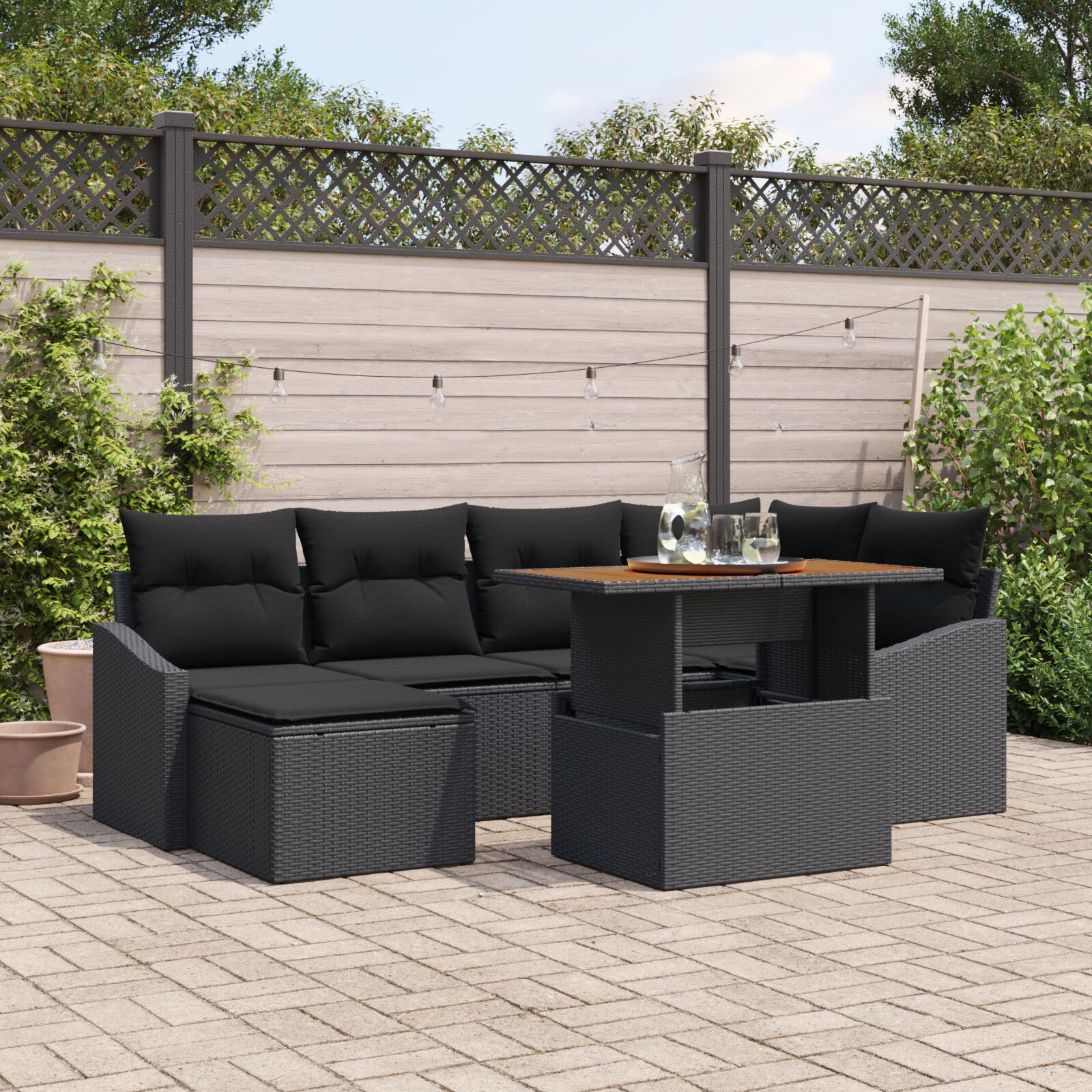 7-teiliges Garten Sofa Set mit Kissen Schwarz Poly Rattan