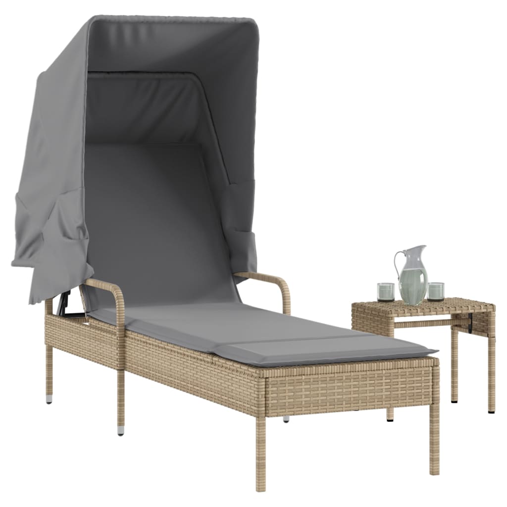 Sonnenliege mit Dach und Tisch Beige Poly Rattan Sonnenliege mit Dach und Tisch Beige Poly Rattan