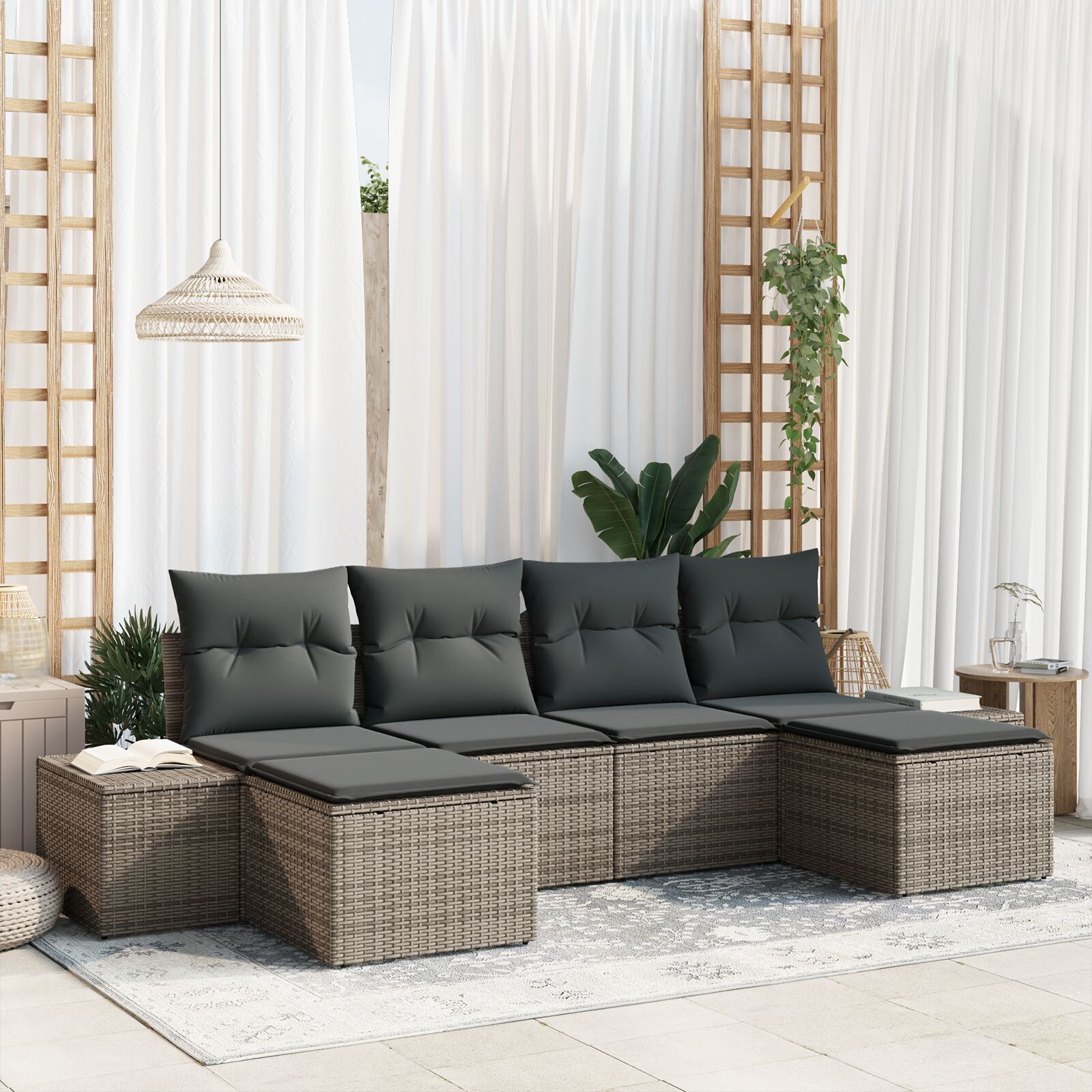 6-teiliges Garten Sofa Set mit Kissen Grau Poly Rattan