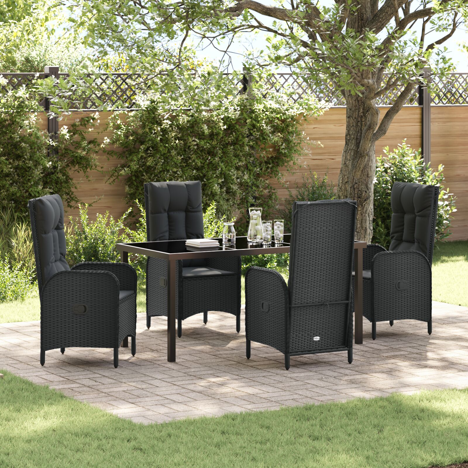 5-teiliges Garten-Esstischset Schwarz Poly-Rattan