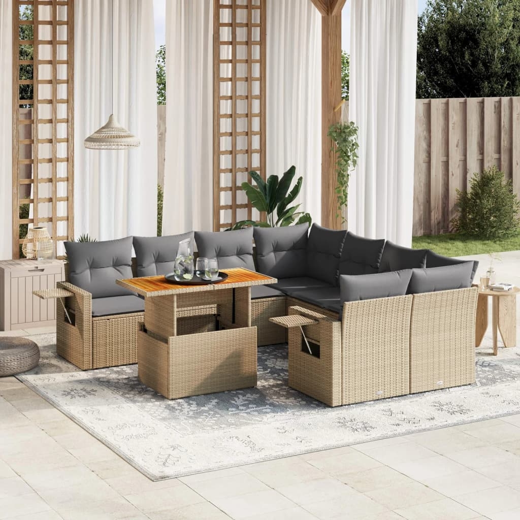 9-tlg. Garten-Sofagarnitur mit Kissen Beige Poly Rattan 9-tlg. Garten-Sofagarnitur mit Kissen Beige Poly Rattan