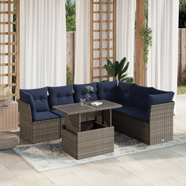 7-teiliges Gartensofa-Set mit Kissen, grau, Polyrattan 7-teiliges Gartensofa-Set mit Kissen, grau, Polyrattan