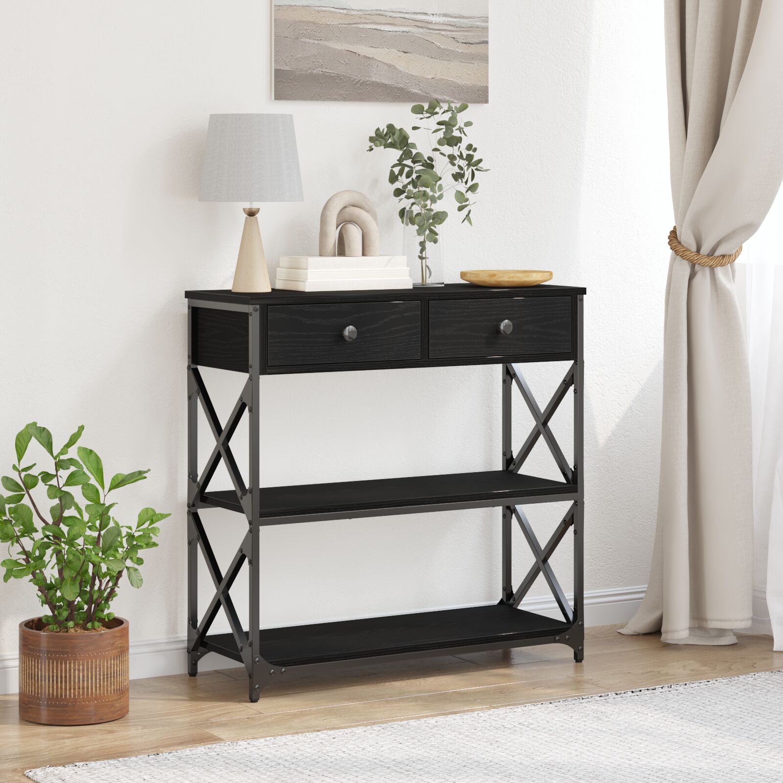 vidaXL Konsolentisch Schwarz Eiche 75x28x75 cm Holzwerkstoff und Stahl