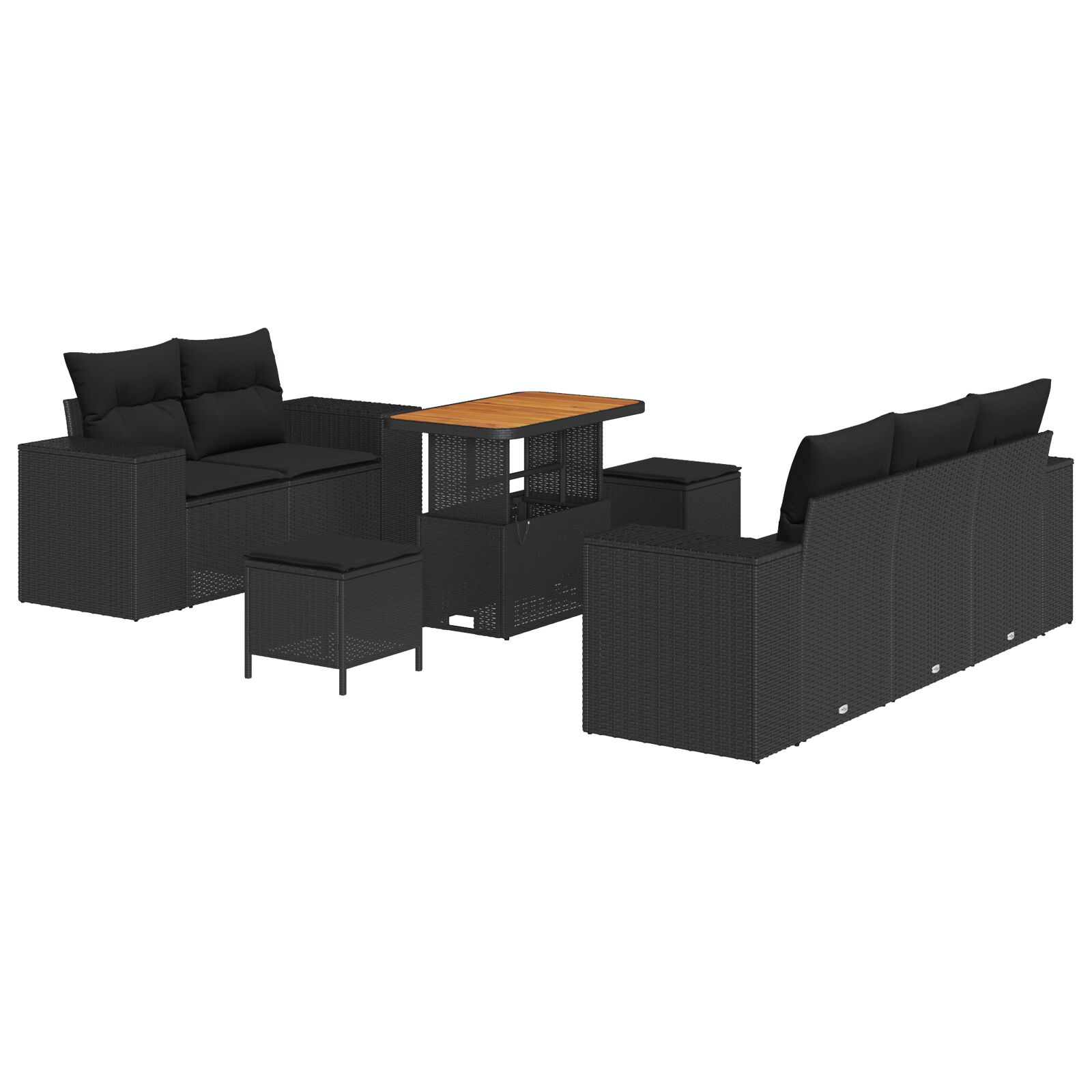 8-teilige Garten Sofaset mit Kissen Schwarz Poly Rattan Akazie, 3-teilige Garten Essgruppe mit Kissen Schwarz Poly Rattan Akazie