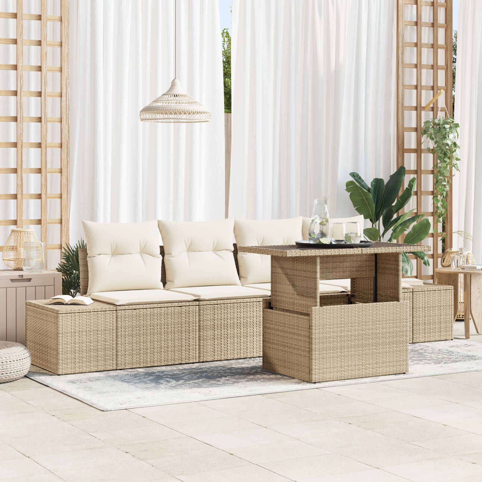5-teiliges Garten Sofa Set mit Kissen Beige Poly Rattan 5-teiliges Garten Sofa Set mit Kissen Beige Poly Rattan