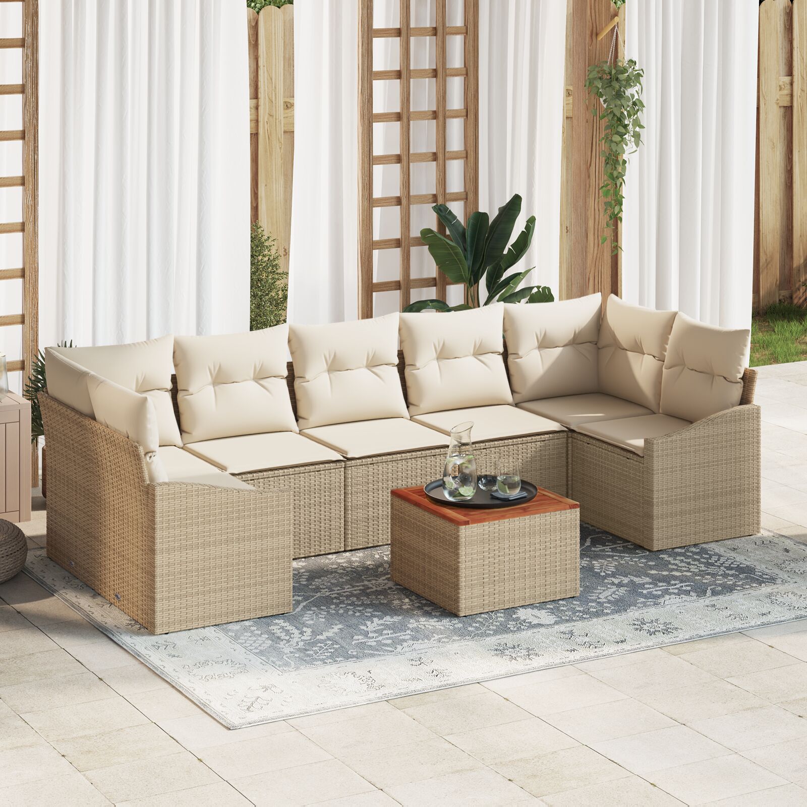 8-teiliges Garten Sofa Set mit Kissen Beige Poly Rattan Akazien