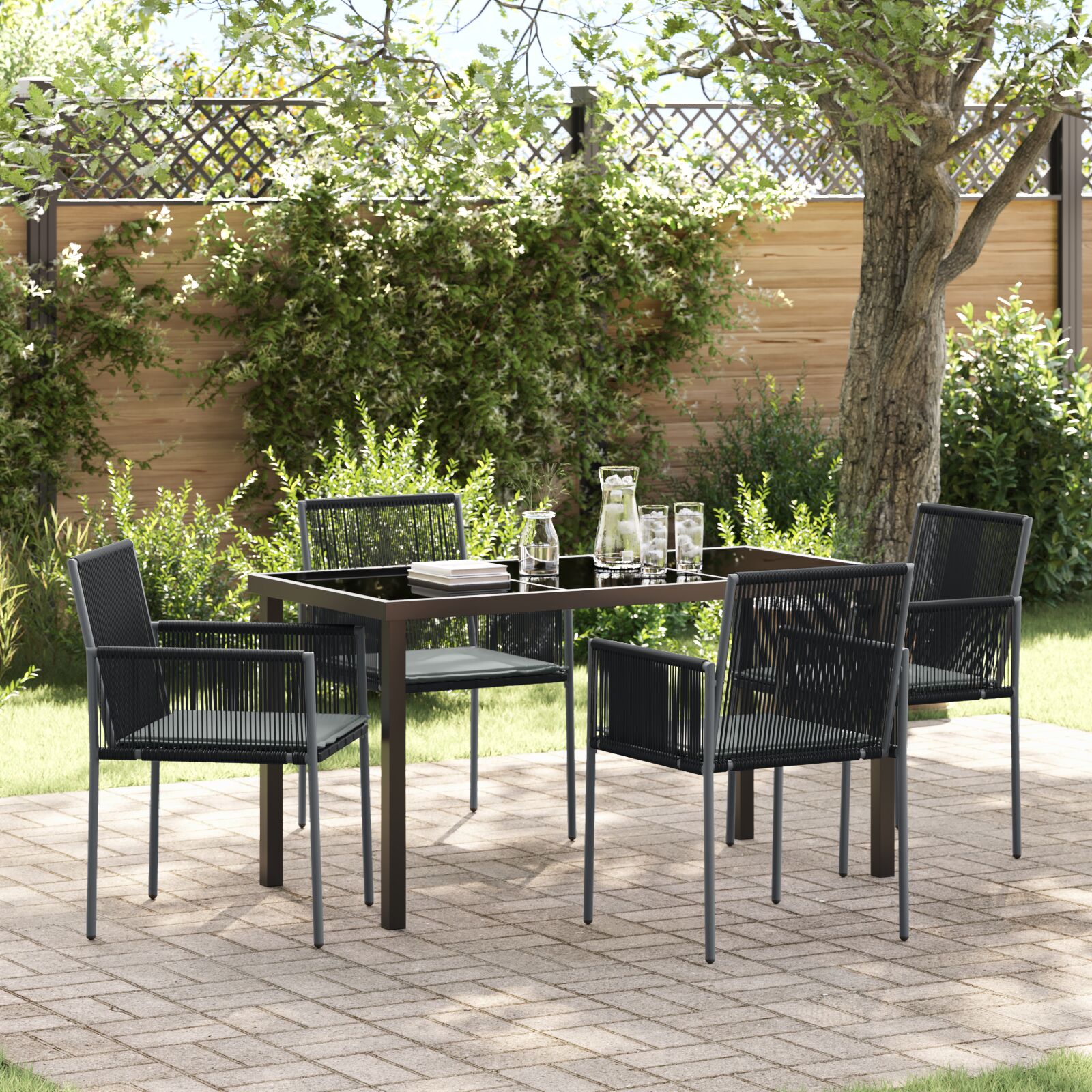 5-teiliges Garten-Essbereich-Set mit Kissen Schwarzes Poly-Rattan