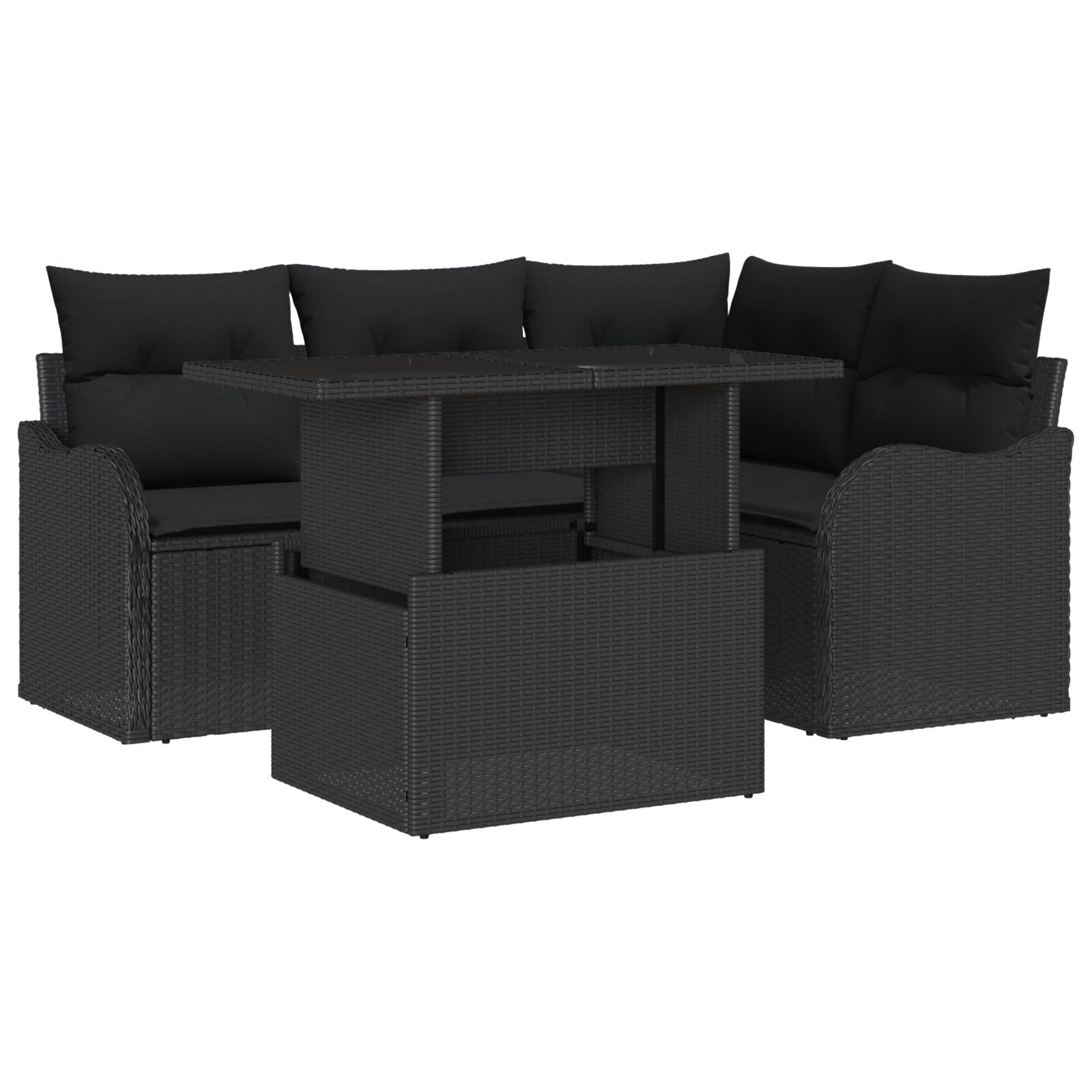5-teiliges Garten-Sofa-Set mit Kissen aus schwarzem Poly-Rattan, 2-Sitzer Garten-Sofa mit Kissen aus schwarzem Poly-Rattan 5-teiliges Garten-Sofa-Set mit Kissen aus schwarzem Poly-Rattan, 2-Sitzer Garten-Sofa mit Kissen aus schwarzem Poly-Rattan