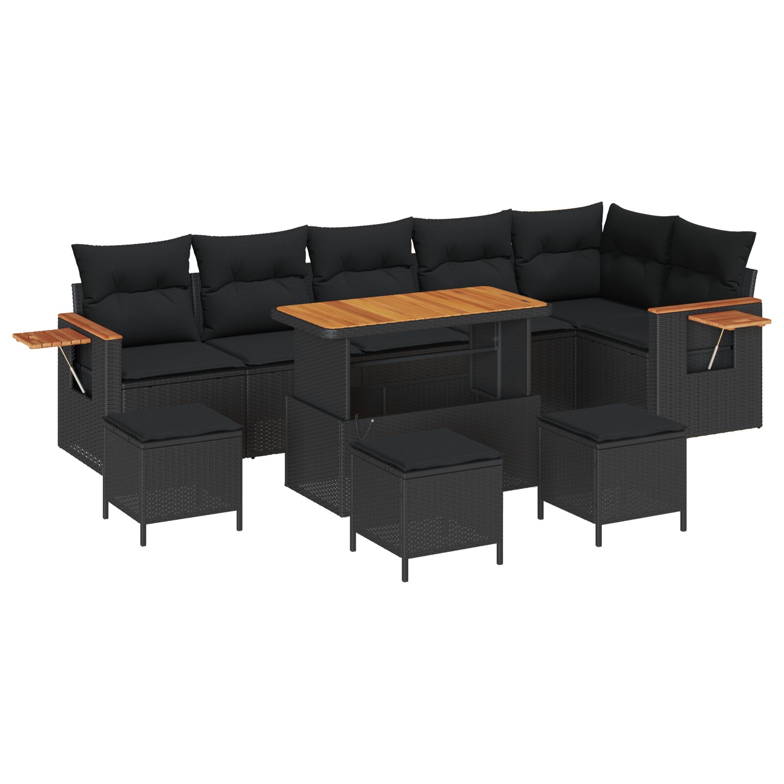 10-teiliges Garten-Sofa-Set mit Kissen Schwarz Poly-Rattan Akazie, 4-teiliges Garten-Ess-Set mit Kissen Schwarz Poly-Rattan Akazie