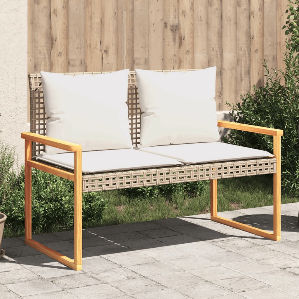 Gartenbank mit Kissen Beige Poly Rattan Akazienholz Gartenbank mit Kissen Beige Poly Rattan Akazienholz