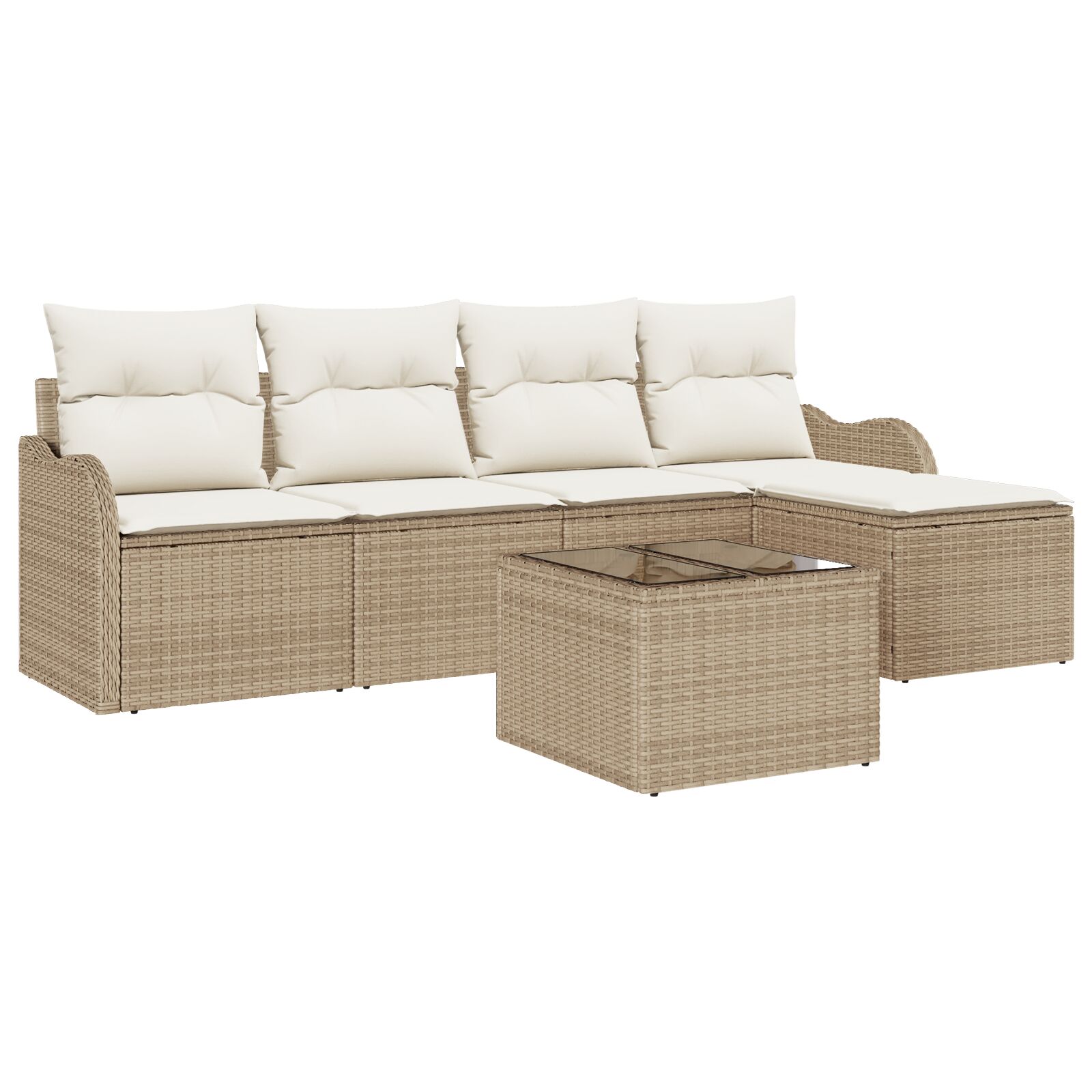 6-teiliges Garten Sofa Set mit Kissen Braunes Poly Rattan, 2-Sitzer Garten Sofa mit Kissen Beige Poly Rattan