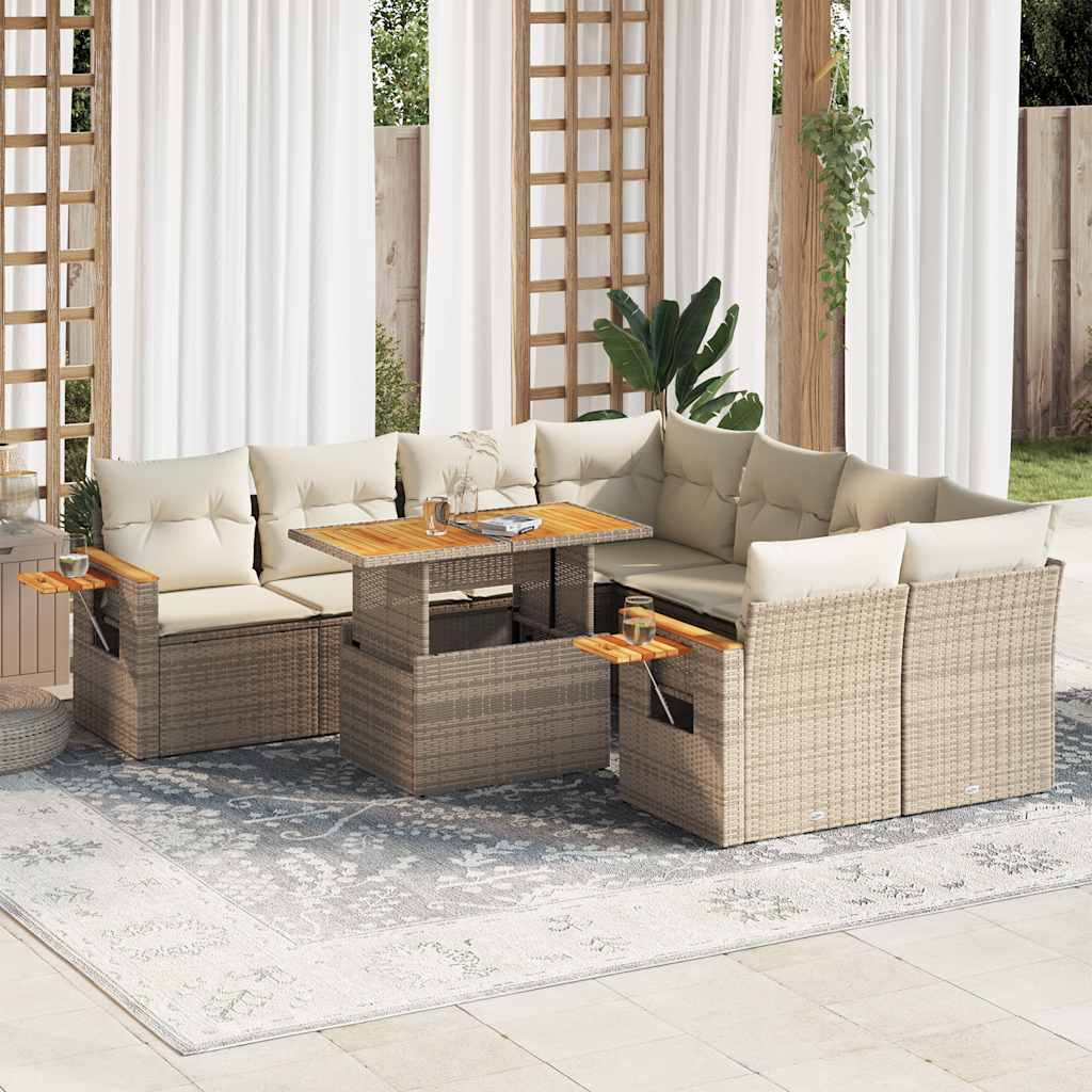 9-tlg. Garten-Sofagarnitur mit Kissen Beige Poly Rattan Akazie