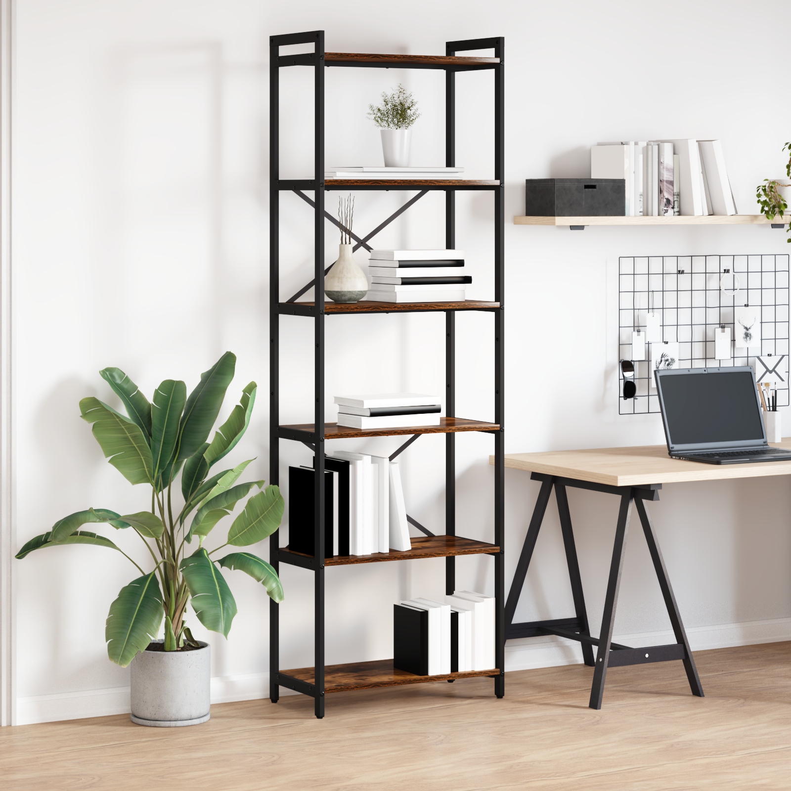 Bücherregal Räuchereiche 60 x 30 x 188 cm MDF und Stahl