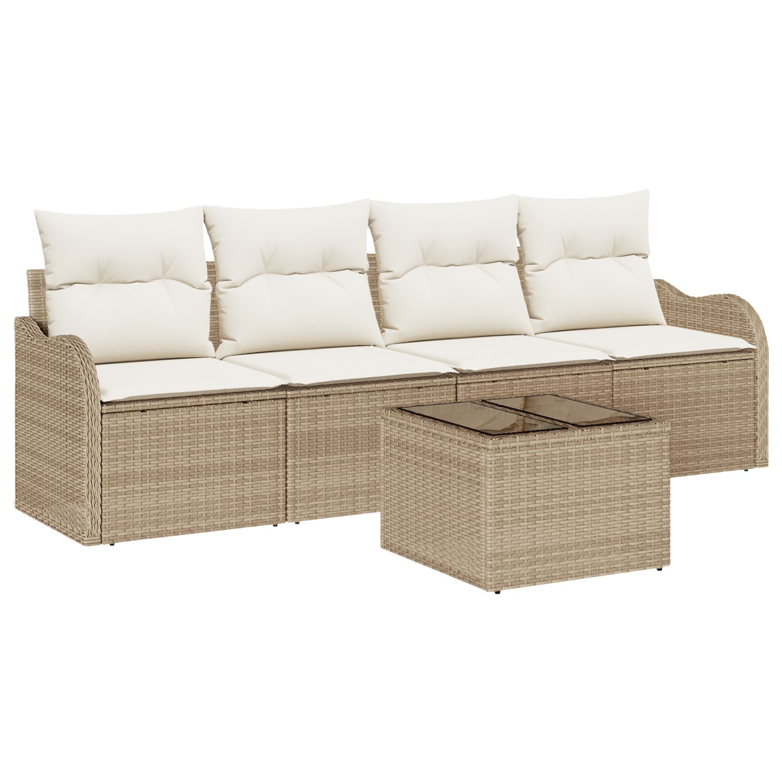 5-teiliges Garten Sofa Set mit Kissen Beige Poly Rattan, 2-Sitzer Garten Sofa mit Kissen Beige Poly Rattan