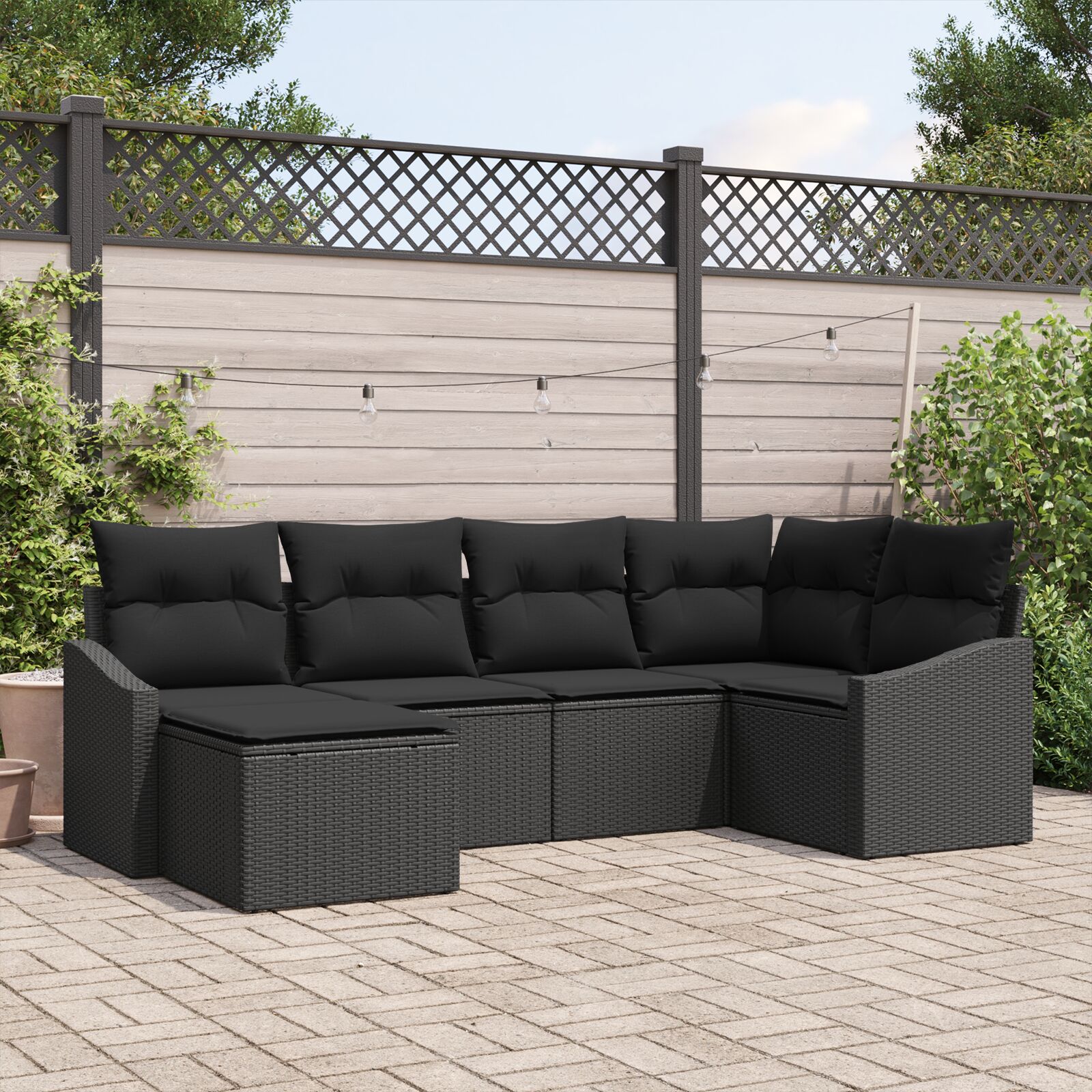6-teilige Garten Essgruppe mit Polstern in Schwarz aus Poly Rattan 6-teilige Garten Essgruppe mit Polstern in Schwarz aus Poly Rattan