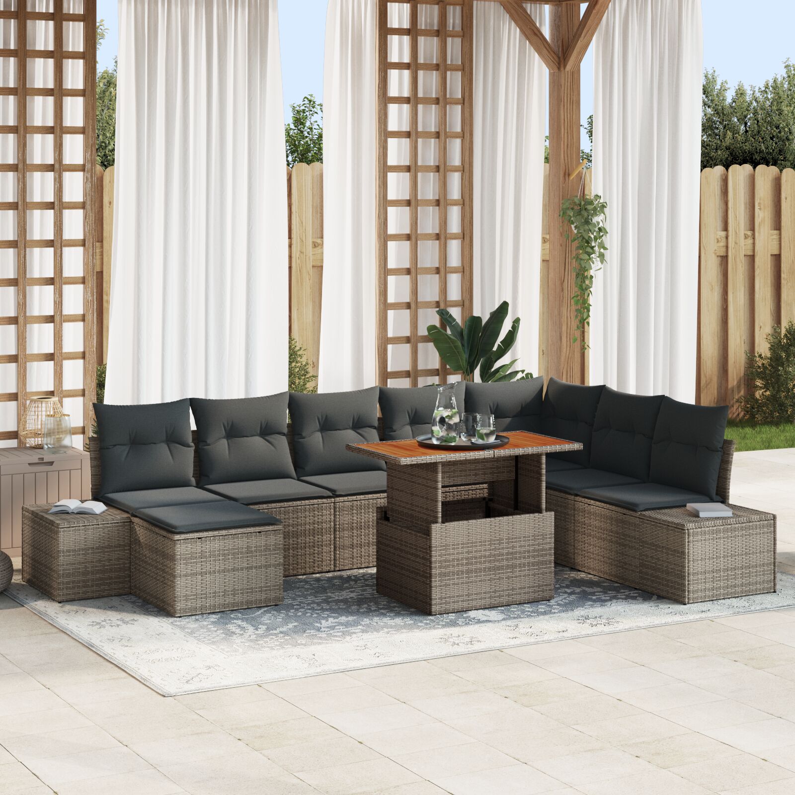 vidaXL Garten Sofa Set 9-teilig Grau Rattan, Polyester Kissen vidaXL Garten Sofa Set 9-teilig Grau Rattan, Polyester Kissen