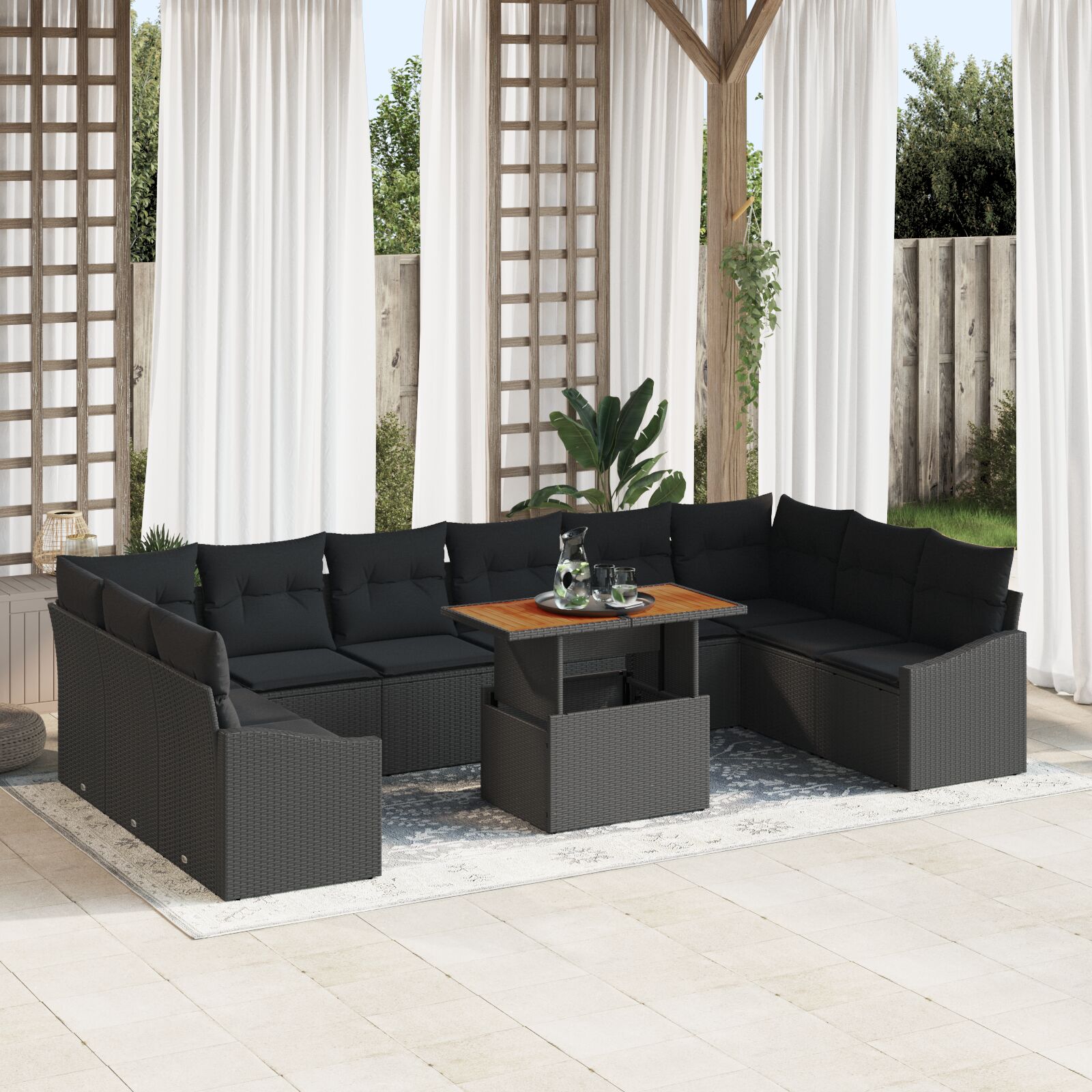 vidaXL Garten-Sofa-Set 11 Teile Schwarz Rattan, Holzplatte