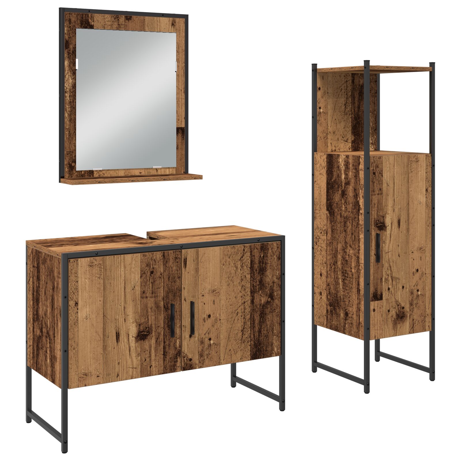 3-teilige Badezimmermöbel set aus altem Holz und engineered Holz