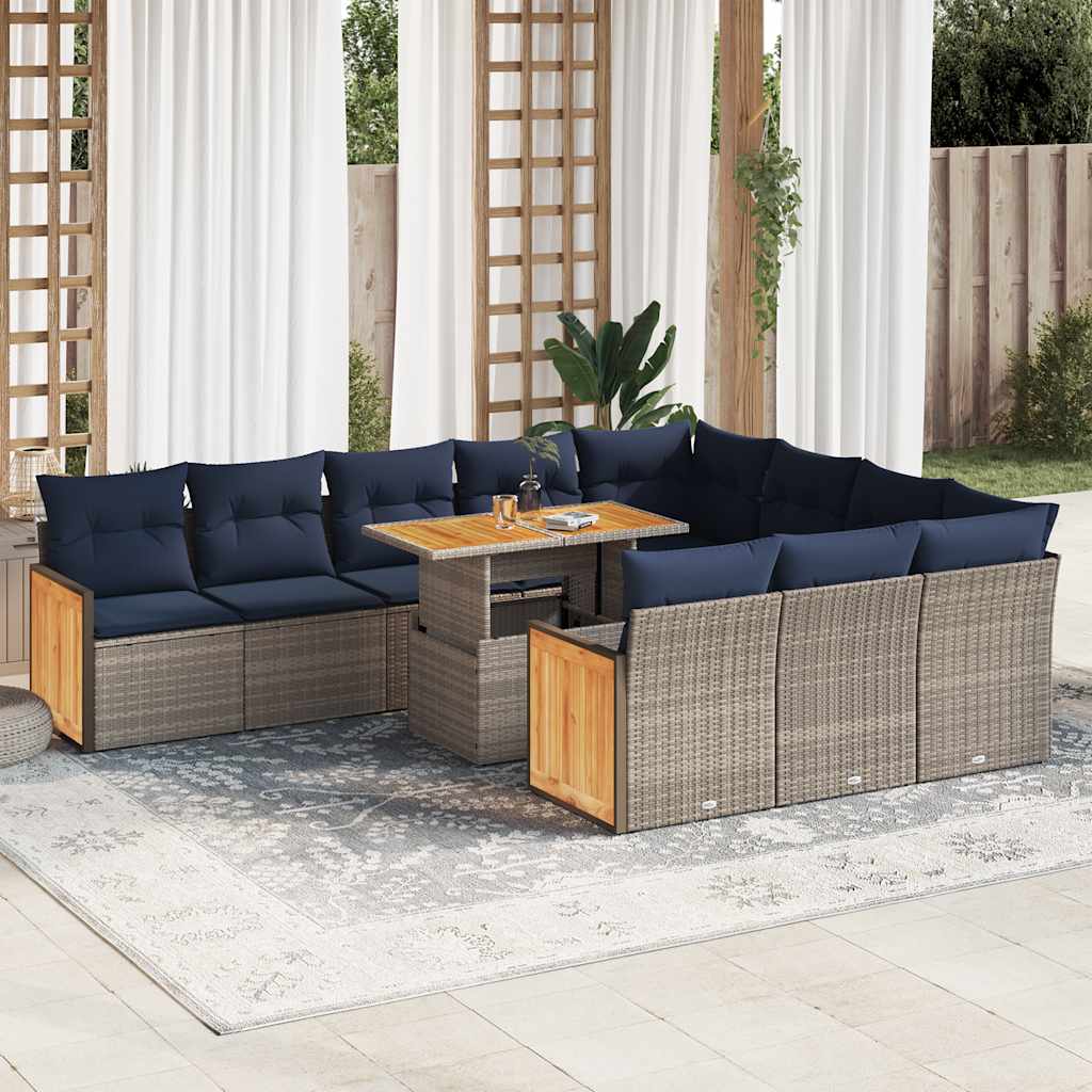 11-tlg. Garten-Sofagarnitur mit Kissen Grau Poly Rattan Akazie 11-tlg. Garten-Sofagarnitur mit Kissen Grau Poly Rattan Akazie