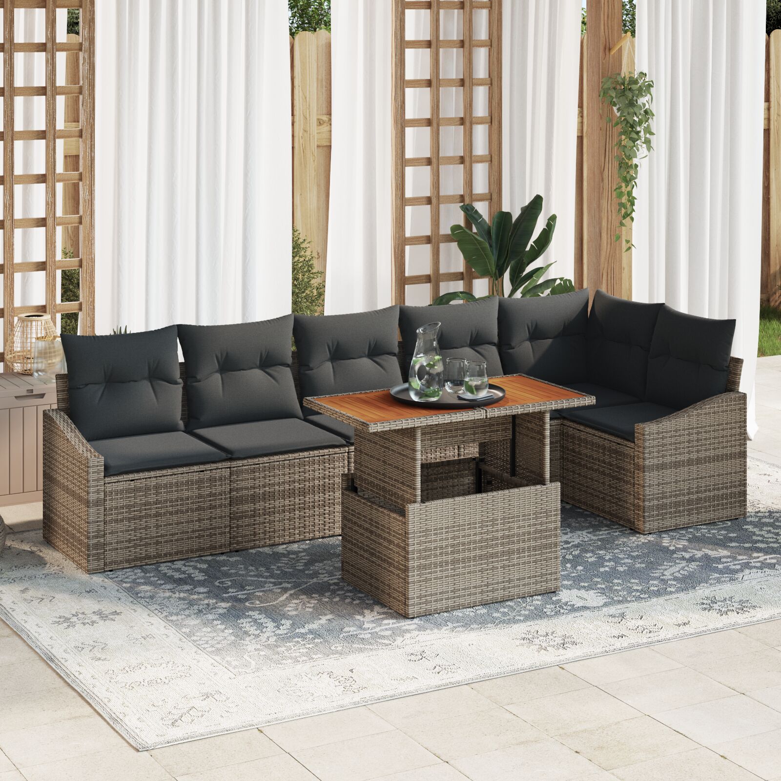 7-teilige Garten Esstisch Set mit Kissen Grau Poly Rattan Akazie